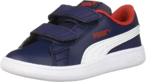 Puma Smash 2 Leather Hook and Loop Sneaker, Peacoat White-High Risk Red, 3.5 US Unisex Little Kid