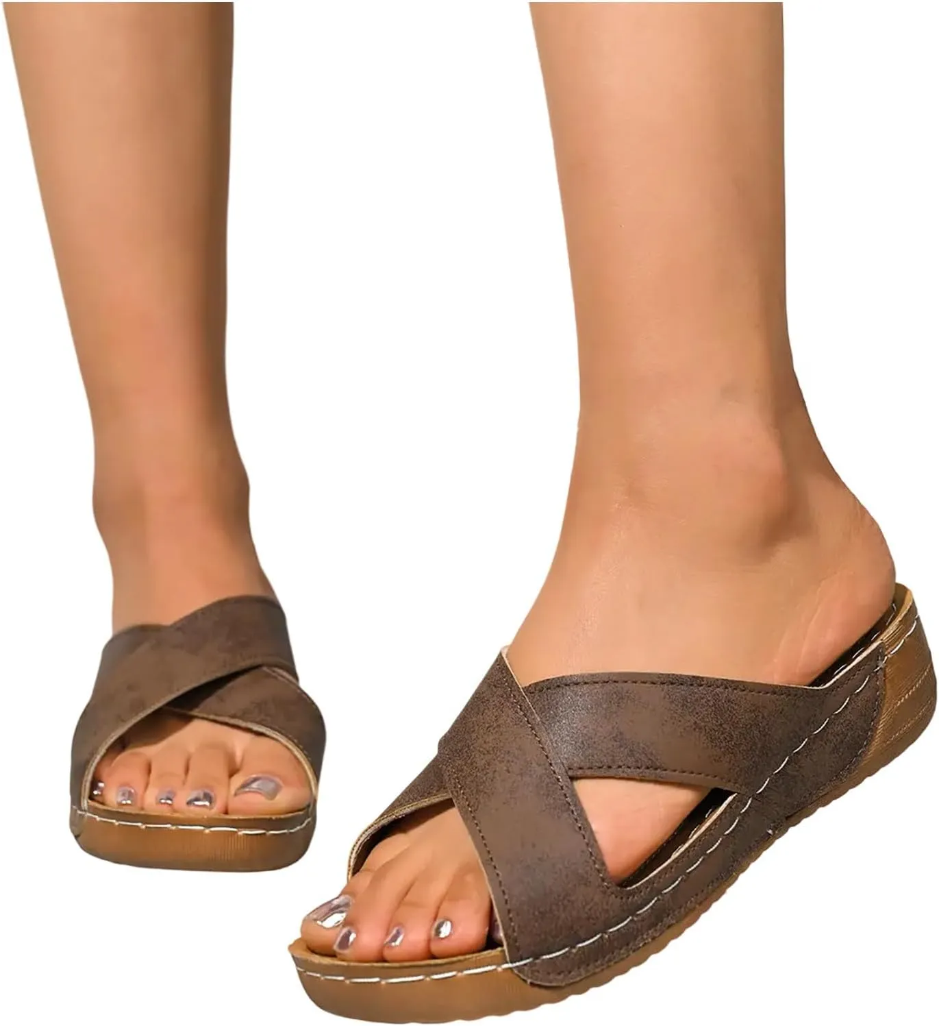 Slide Sandals Womens Criss Cross Band Slip On Wedges Comfort Wedge Sandals Walking Orthopedic Sandals Indoor Outdoor