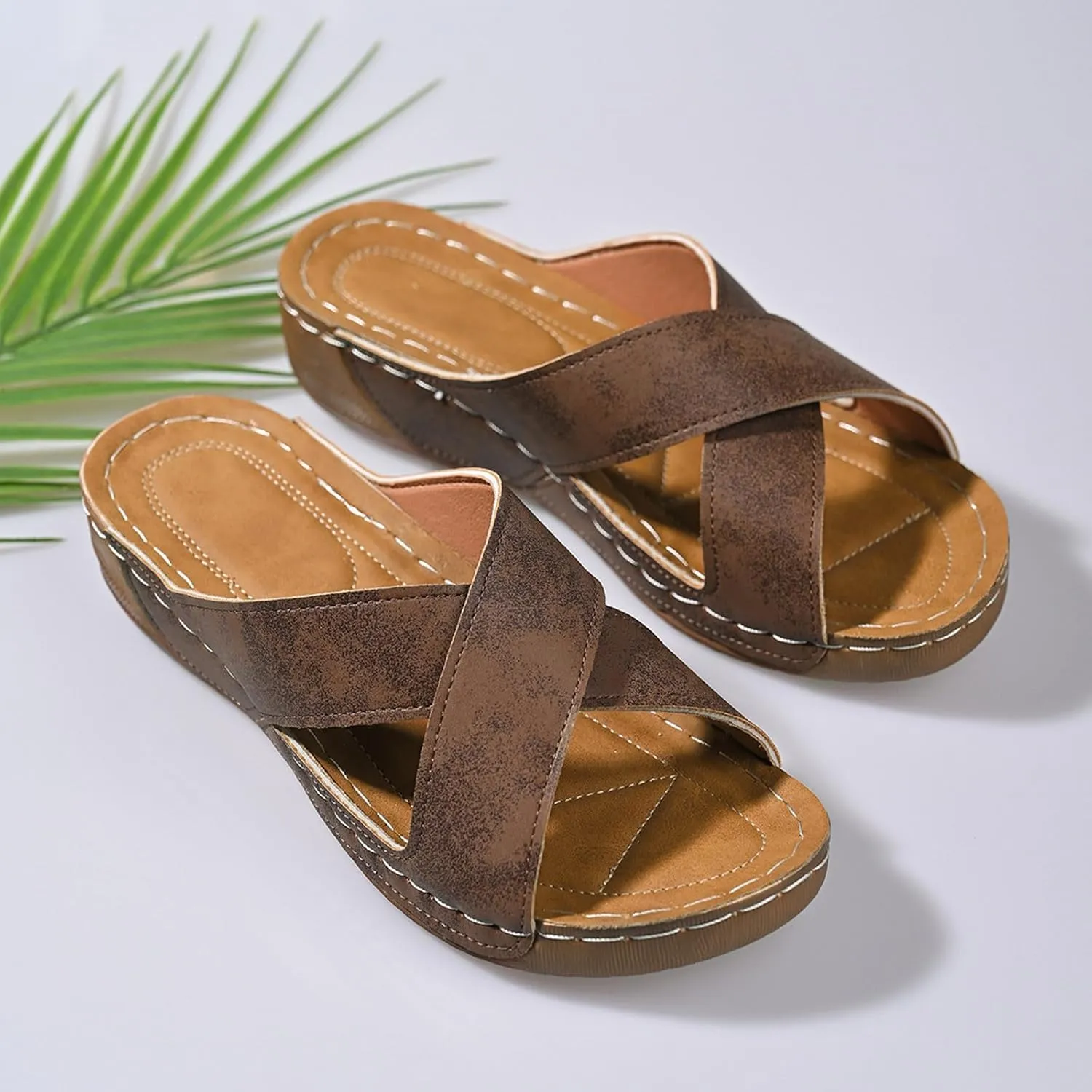 Slide Sandals Womens Criss Cross Band Slip On Wedges Comfort Wedge Sandals Walking Orthopedic Sandals Indoor Outdoor