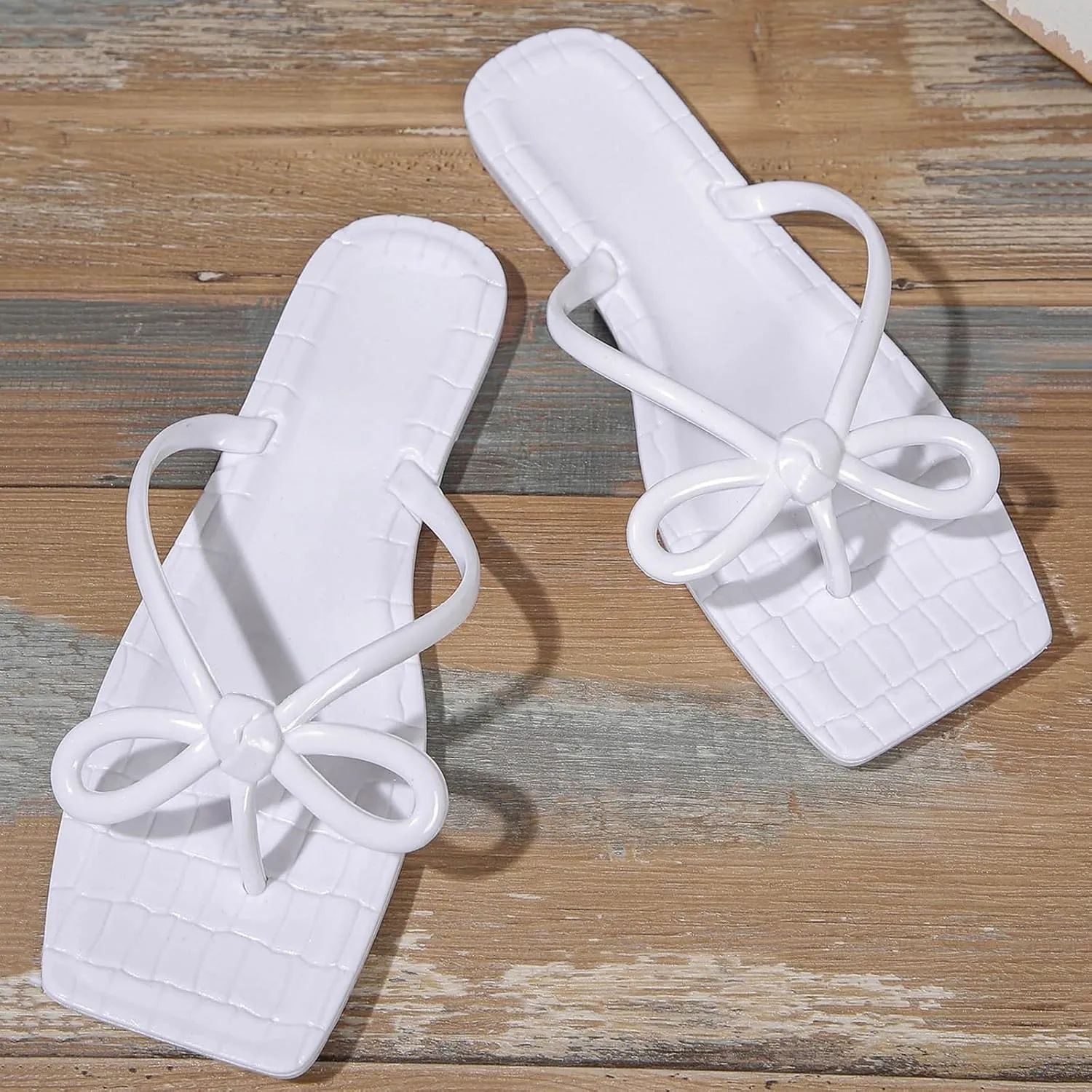 Square Toe Flip Flops Women Comfortable Bow Beach Sandals Slip On Cute Summer Beach Thong Flat Slides Sandal Dressy