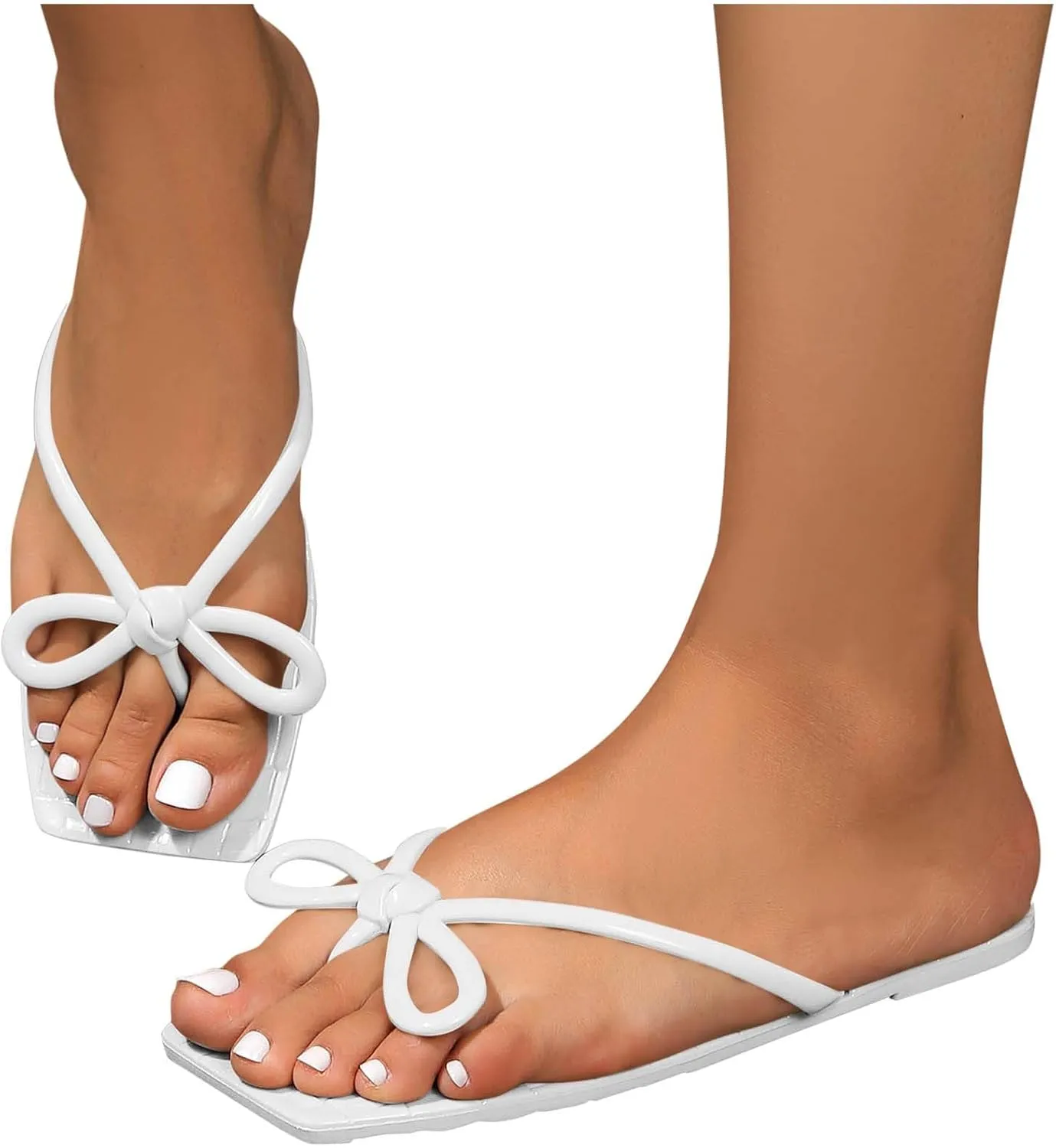 Square Toe Flip Flops Women Comfortable Bow Beach Sandals Slip On Cute Summer Beach Thong Flat Slides Sandal Dressy
