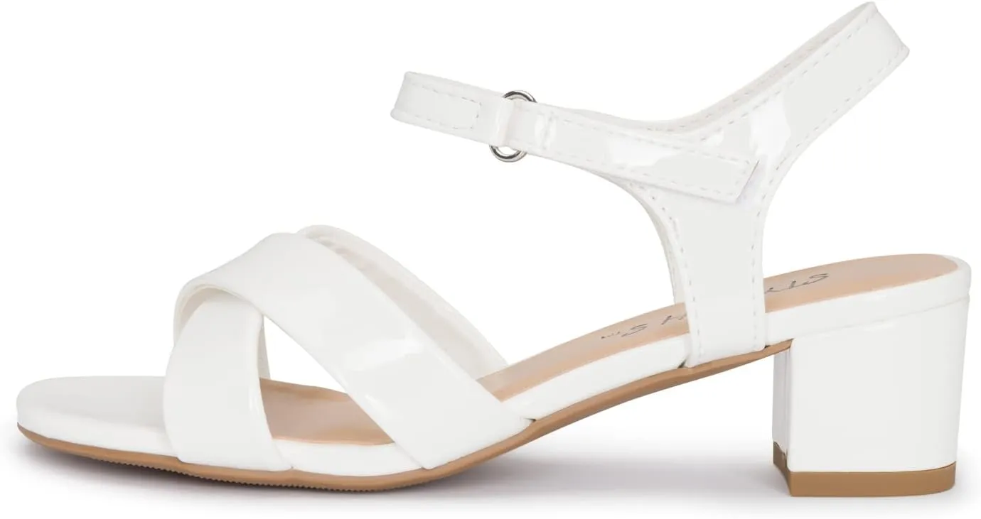 STYLISH S KHLOE-K Little Girls Round Open Toe Criss Cross Ankle Hook and Loop Strap Low Block Heel Dress Sandals