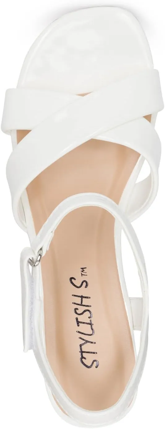 STYLISH S KHLOE-K Little Girls Round Open Toe Criss Cross Ankle Hook and Loop Strap Low Block Heel Dress Sandals