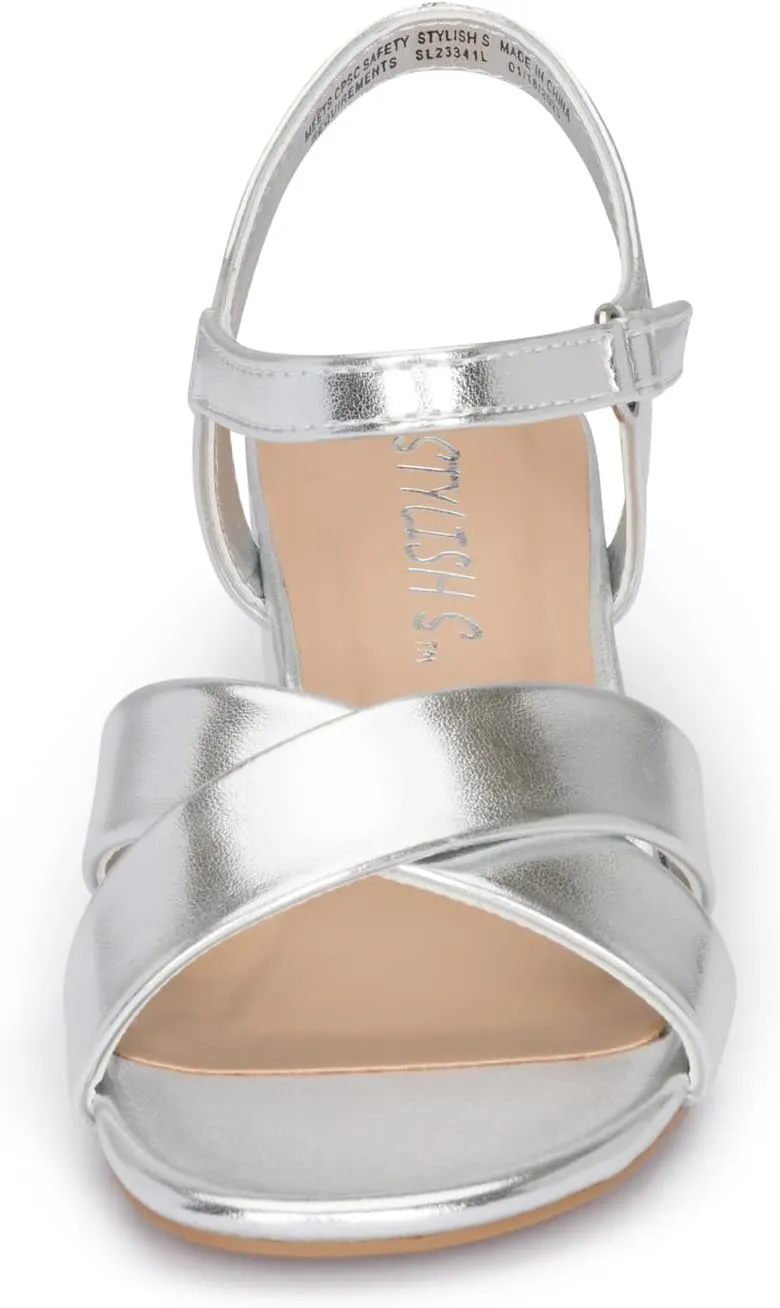 STYLISH S KHLOE-K Little Girls Round Open Toe Criss Cross Ankle Hook and Loop Strap Low Block Heel Dress Sandals