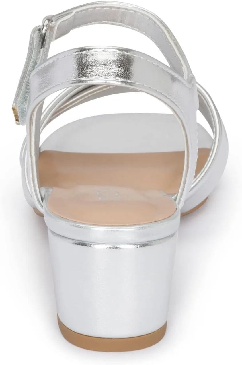 STYLISH S KHLOE-K Little Girls Round Open Toe Criss Cross Ankle Hook and Loop Strap Low Block Heel Dress Sandals