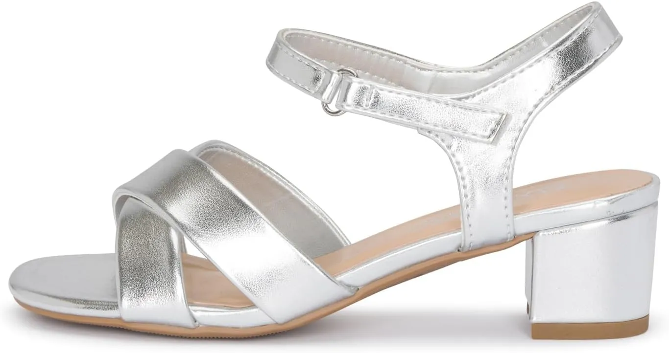 STYLISH S KHLOE-K Little Girls Round Open Toe Criss Cross Ankle Hook and Loop Strap Low Block Heel Dress Sandals