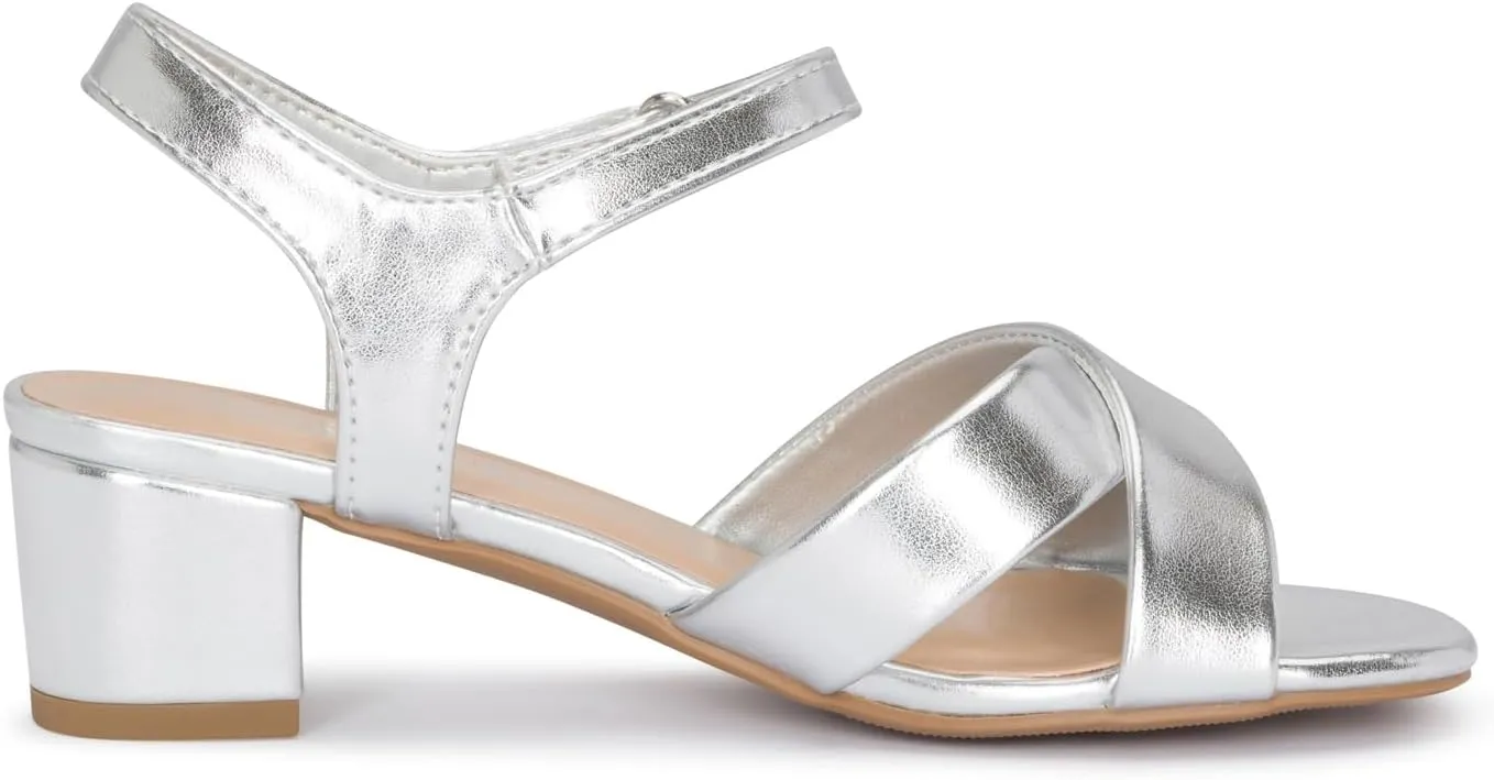 STYLISH S KHLOE-K Little Girls Round Open Toe Criss Cross Ankle Hook and Loop Strap Low Block Heel Dress Sandals