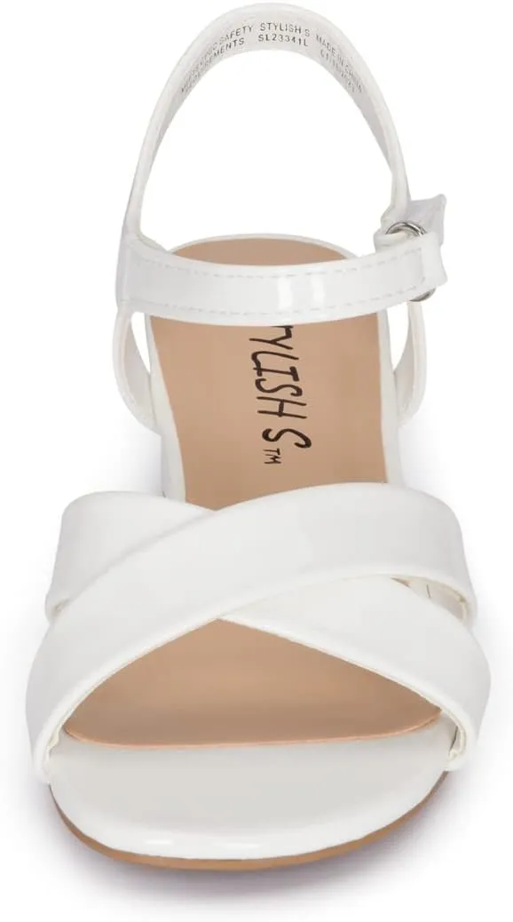STYLISH S KHLOE-K Little Girls Round Open Toe Criss Cross Ankle Hook and Loop Strap Low Block Heel Dress Sandals