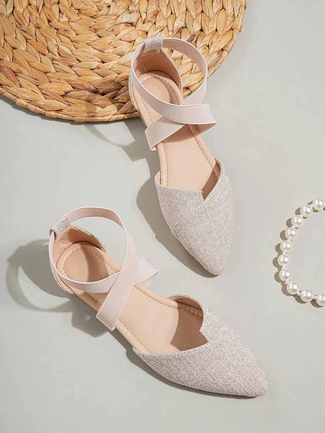 SweatyRocks Women's Criss Cross Strap Point Toe Flat Shoes Linen Dressy Summer Shoes
