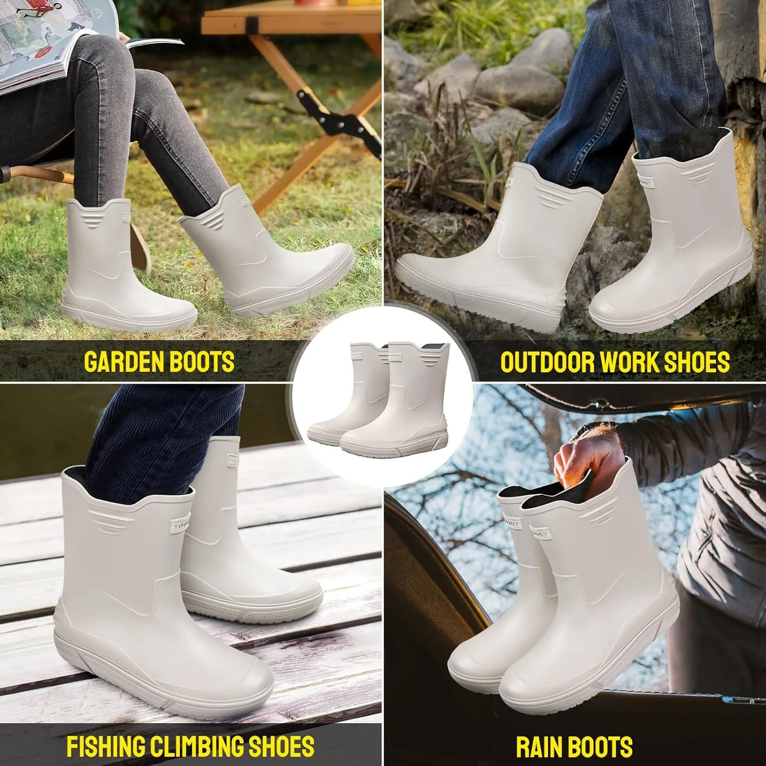 Tmore Rain Boots for Men Waterproof Rubber Boots Mid-Calf Anti-slip Garden Boots Comfort Lightweight Work Shoes Rainboot for Outdoor, Fishing, Hiking, Camping