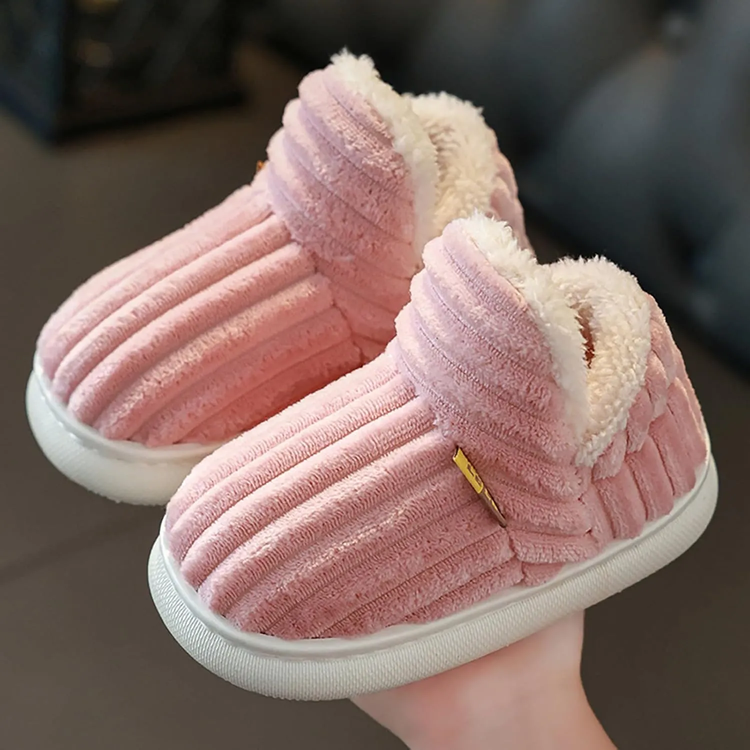 Toddler Kids Plush Slippers Boys Girls Fuzzy Plush Fleece Slippers with Soft Anti-Skid Sole Slipper Slip-On Shoes