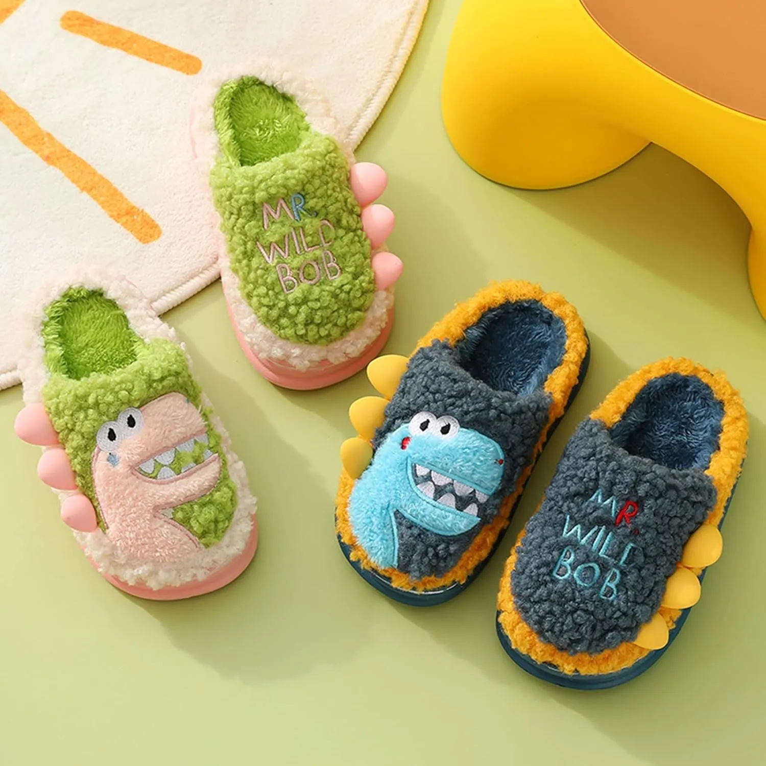 Unisex Slippers Girls Boys Winter Plush Dinosaur House Slippers Big Kids Indoor Velvet Short Plush Slides Shoes