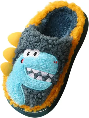 Unisex Slippers Girls Boys Winter Plush Dinosaur House Slippers Big Kids Indoor Velvet Short Plush Slides Shoes