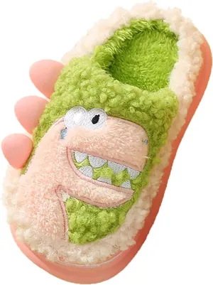 Unisex Slippers Girls Boys Winter Plush Dinosaur House Slippers Big Kids Indoor Velvet Short Plush Slides Shoes