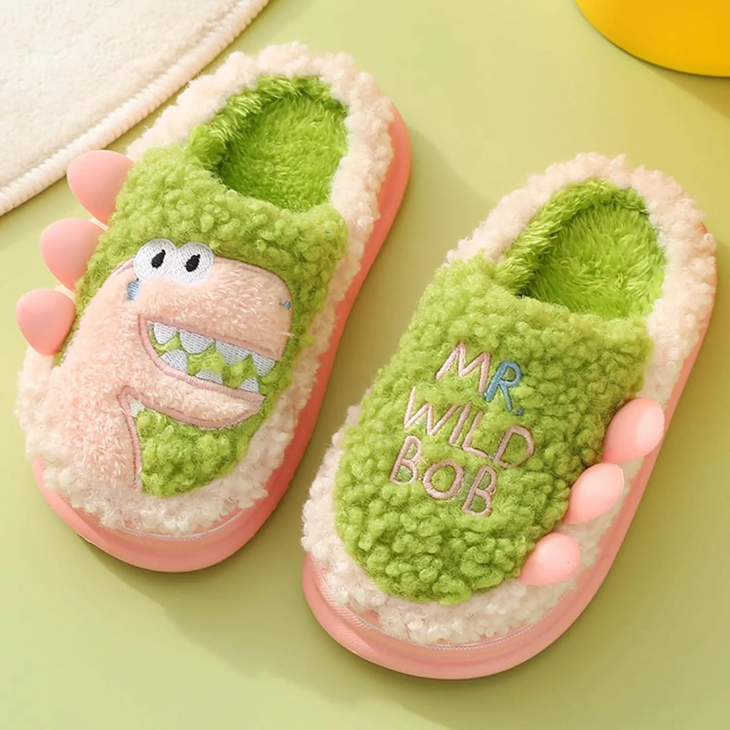 Unisex Slippers Girls Boys Winter Plush Dinosaur House Slippers Big Kids Indoor Velvet Short Plush Slides Shoes