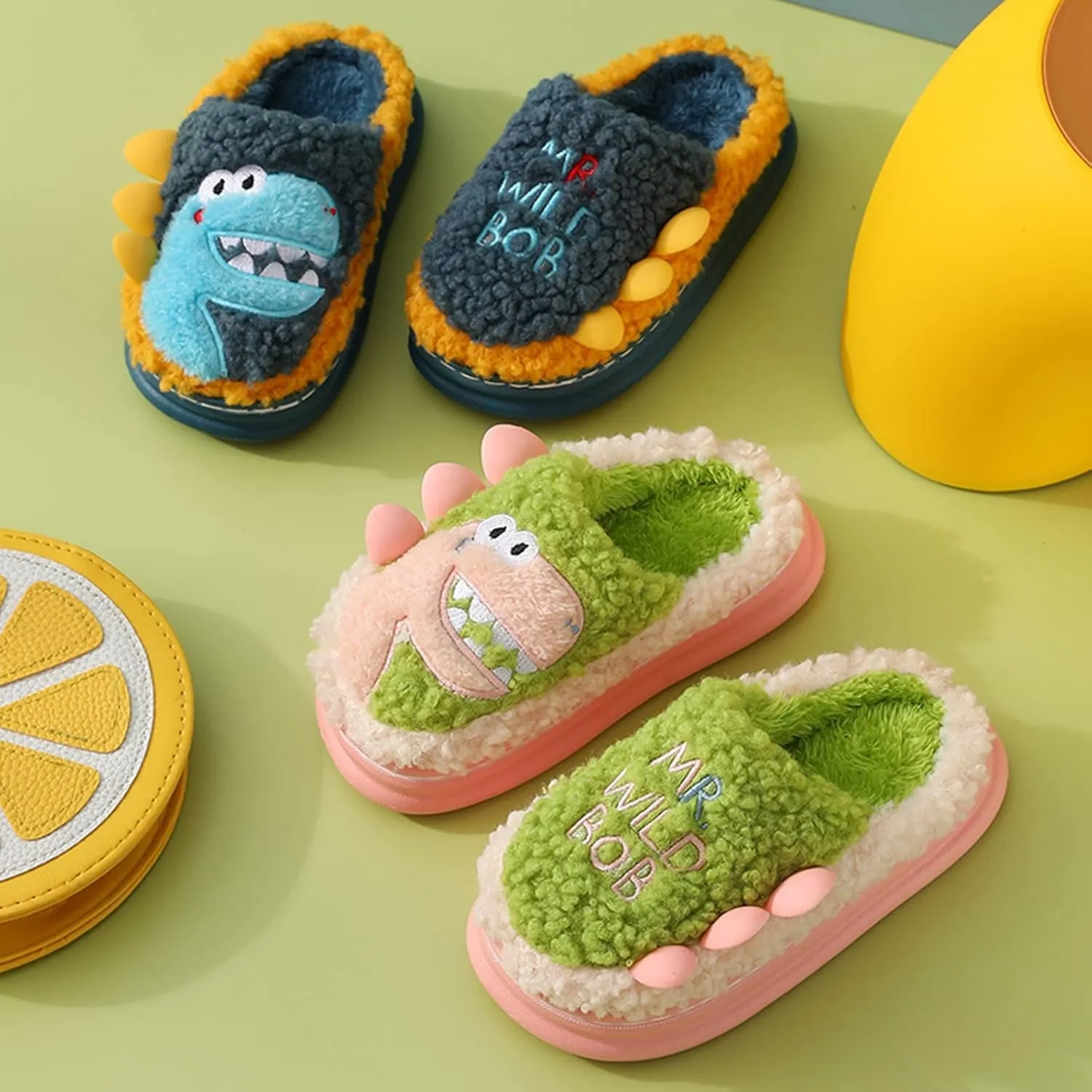 Unisex Slippers Girls Boys Winter Plush Dinosaur House Slippers Big Kids Indoor Velvet Short Plush Slides Shoes