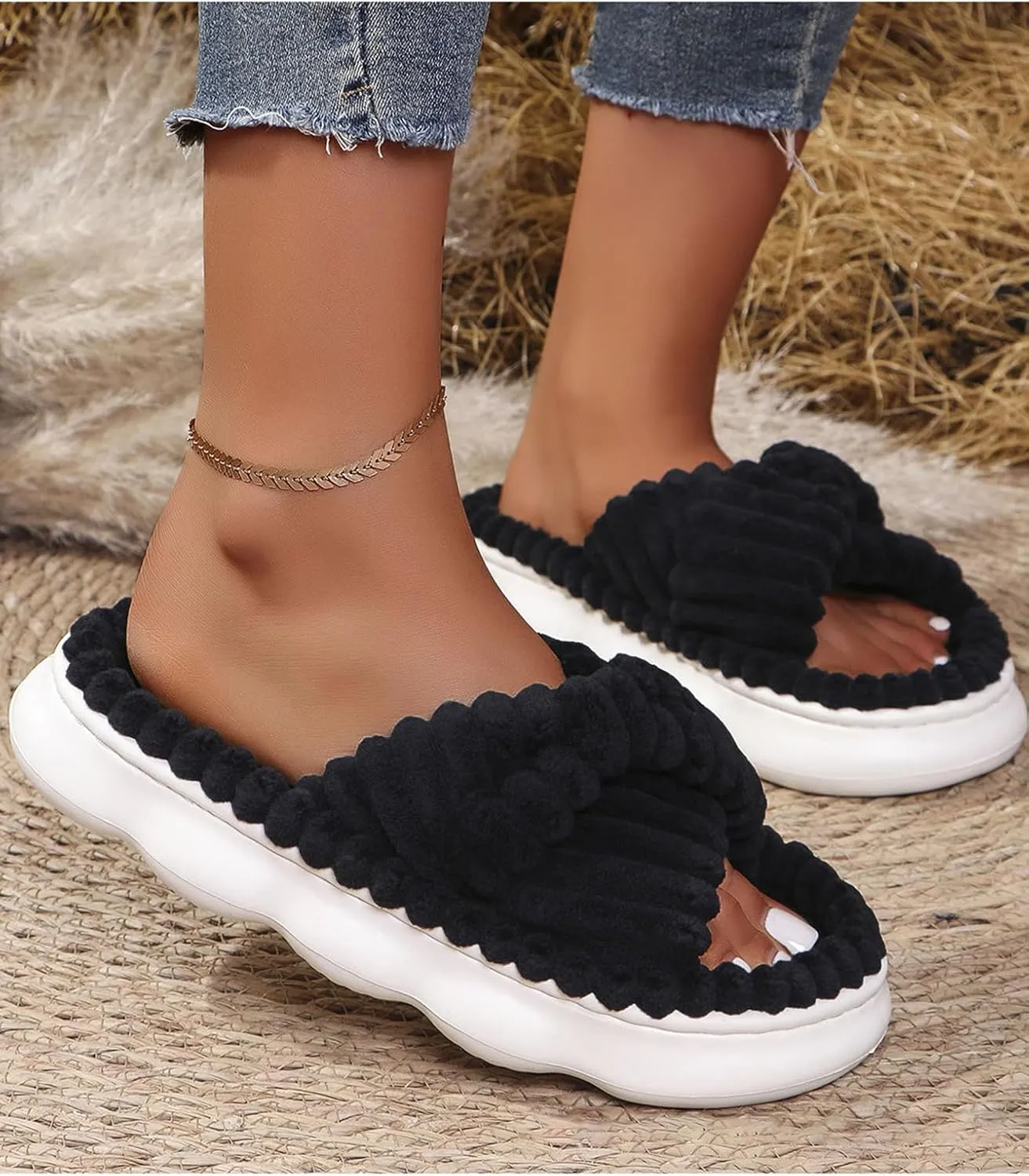 Winter Plush Cross Slipper Corduroy Furry Fluffy Open Toe House Shoes for Women Memory Foam Slippers Winter for Home