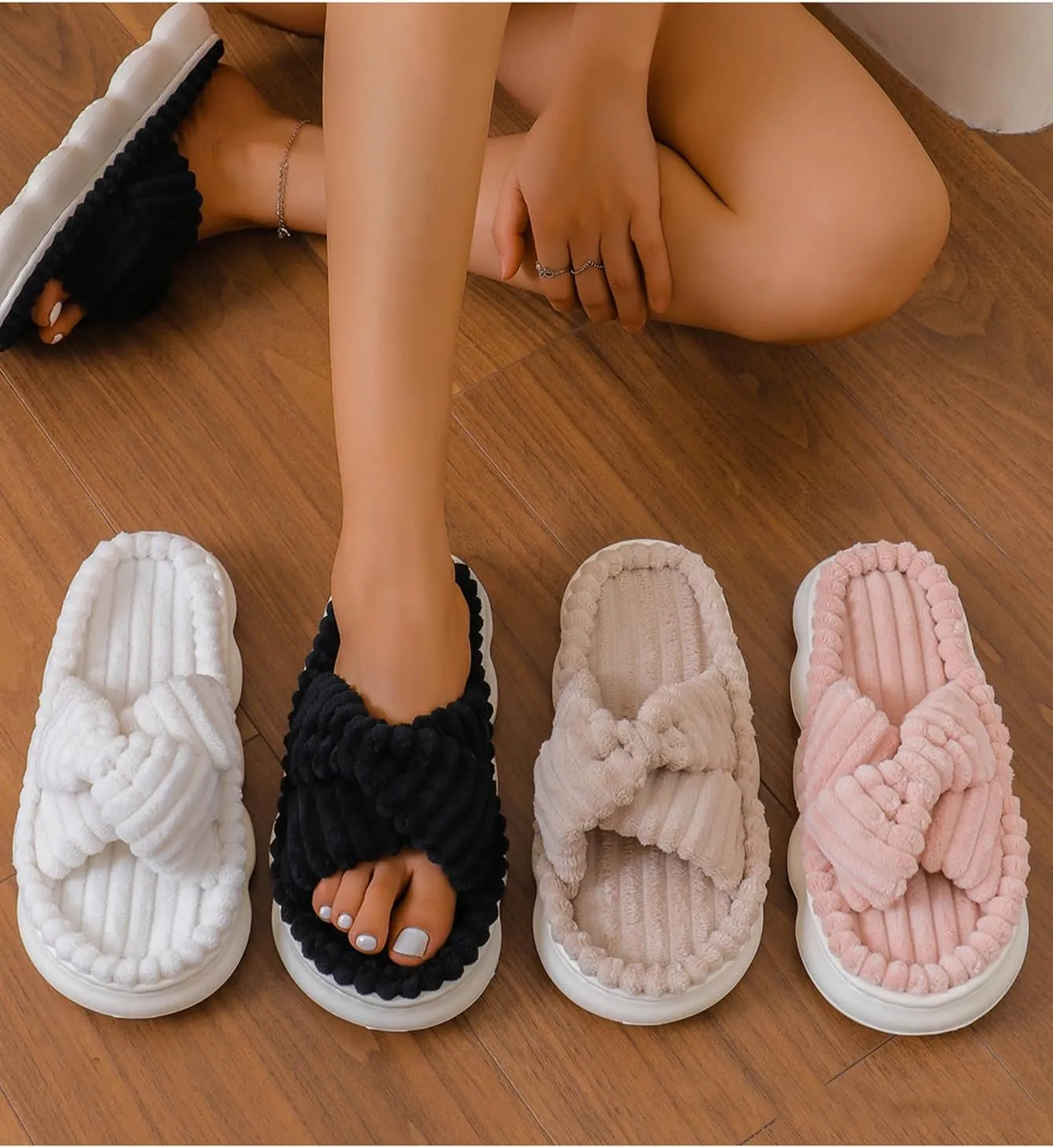 Winter Plush Cross Slipper Corduroy Furry Fluffy Open Toe House Shoes for Women Memory Foam Slippers Winter for Home