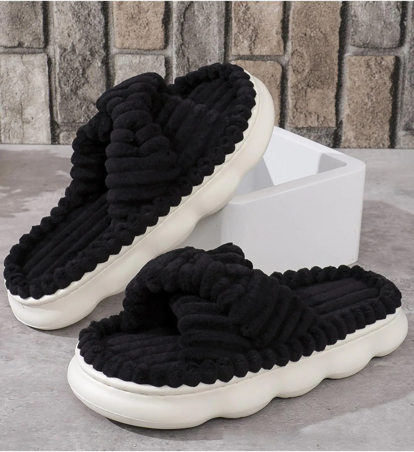 Winter Plush Cross Slipper Corduroy Furry Fluffy Open Toe House Shoes for Women Memory Foam Slippers Winter for Home