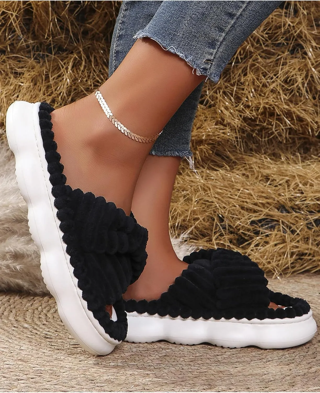 Winter Plush Cross Slipper Corduroy Furry Fluffy Open Toe House Shoes for Women Memory Foam Slippers Winter for Home