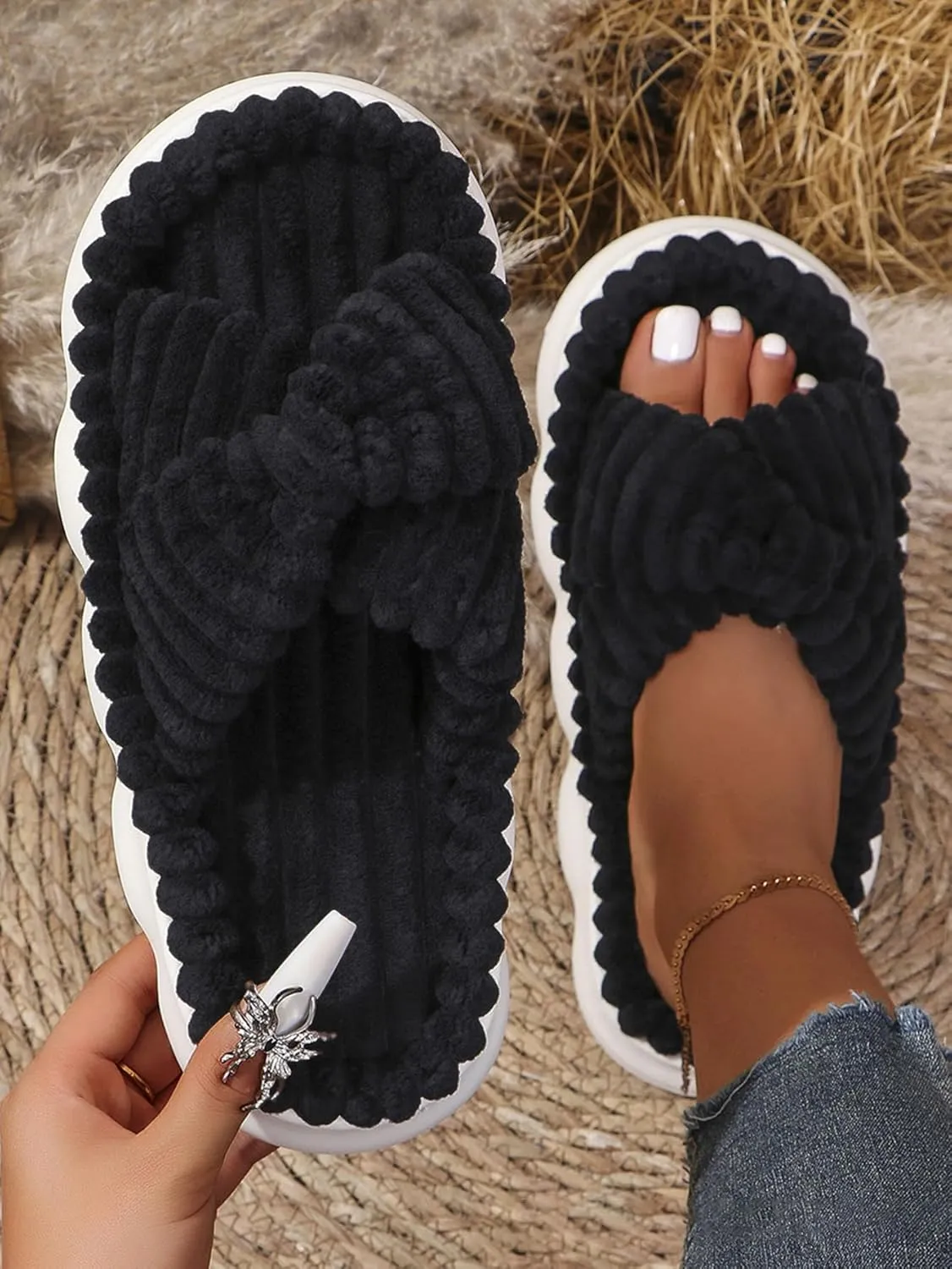 Winter Plush Cross Slipper Corduroy Furry Fluffy Open Toe House Shoes for Women Memory Foam Slippers Winter for Home