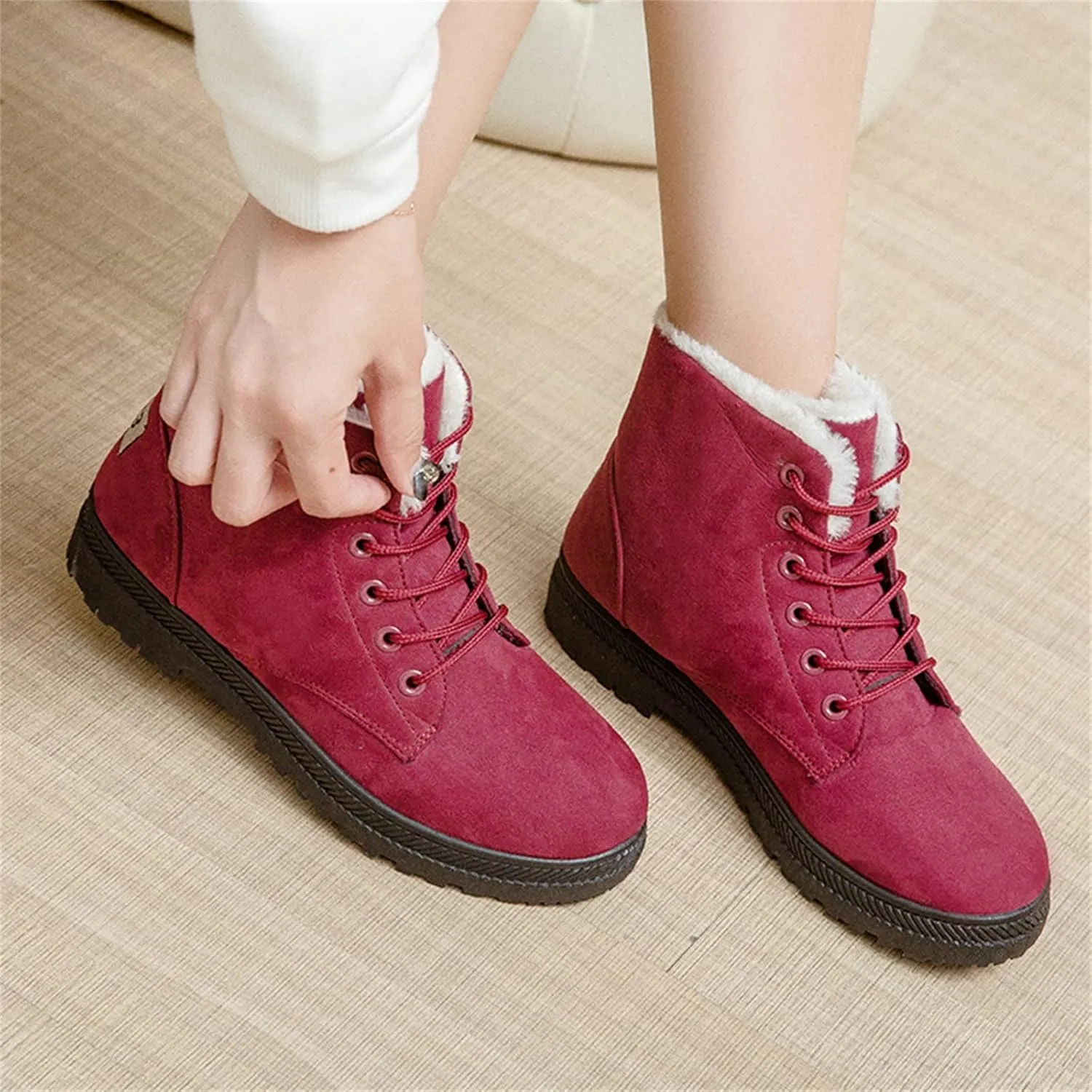 Winter Snow Ankle Boots for Women Warm Fur Lined Lace Up Booties Non-slip Combat Walking Bootie Sherpa Fleece Shoes