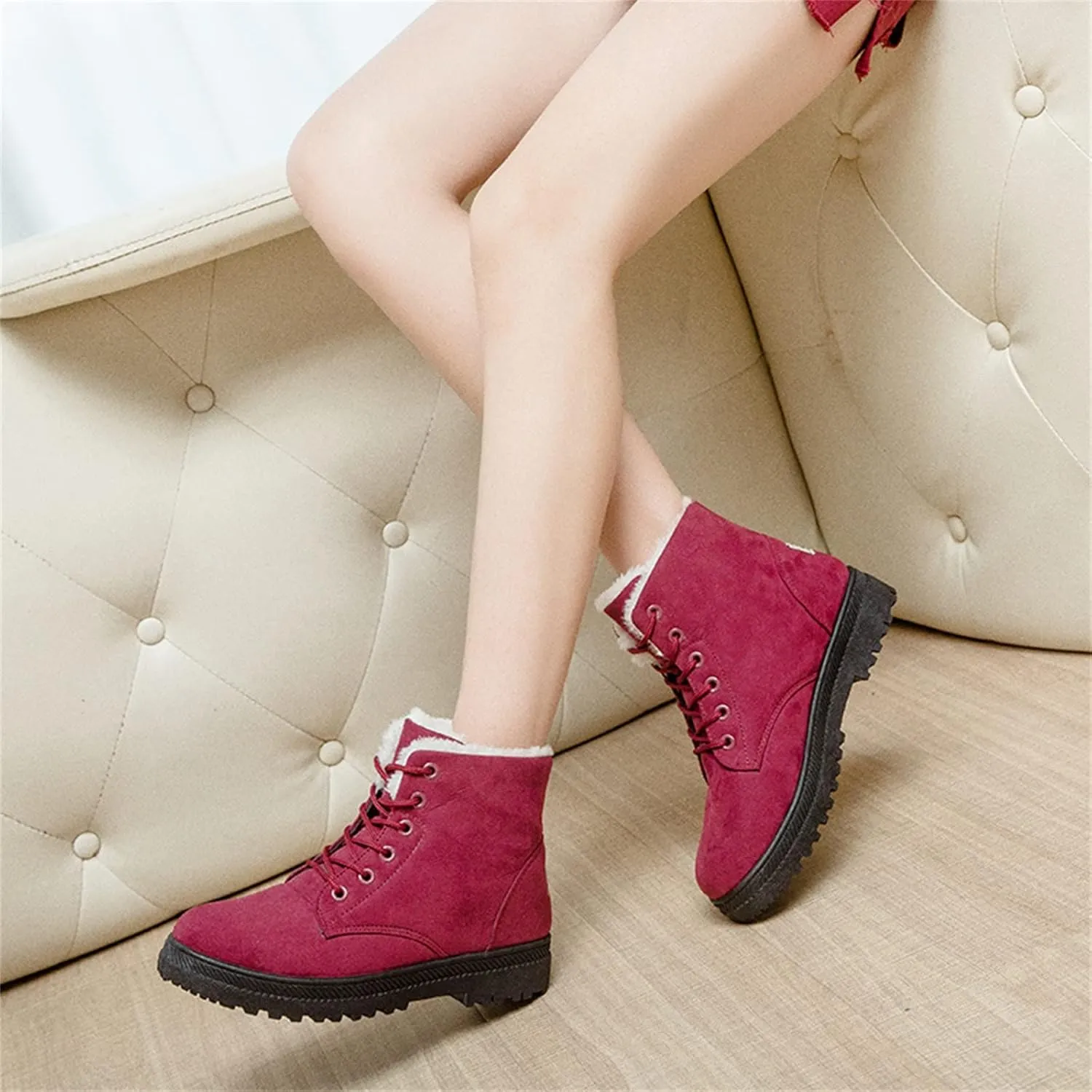 Winter Snow Ankle Boots for Women Warm Fur Lined Lace Up Booties Non-slip Combat Walking Bootie Sherpa Fleece Shoes