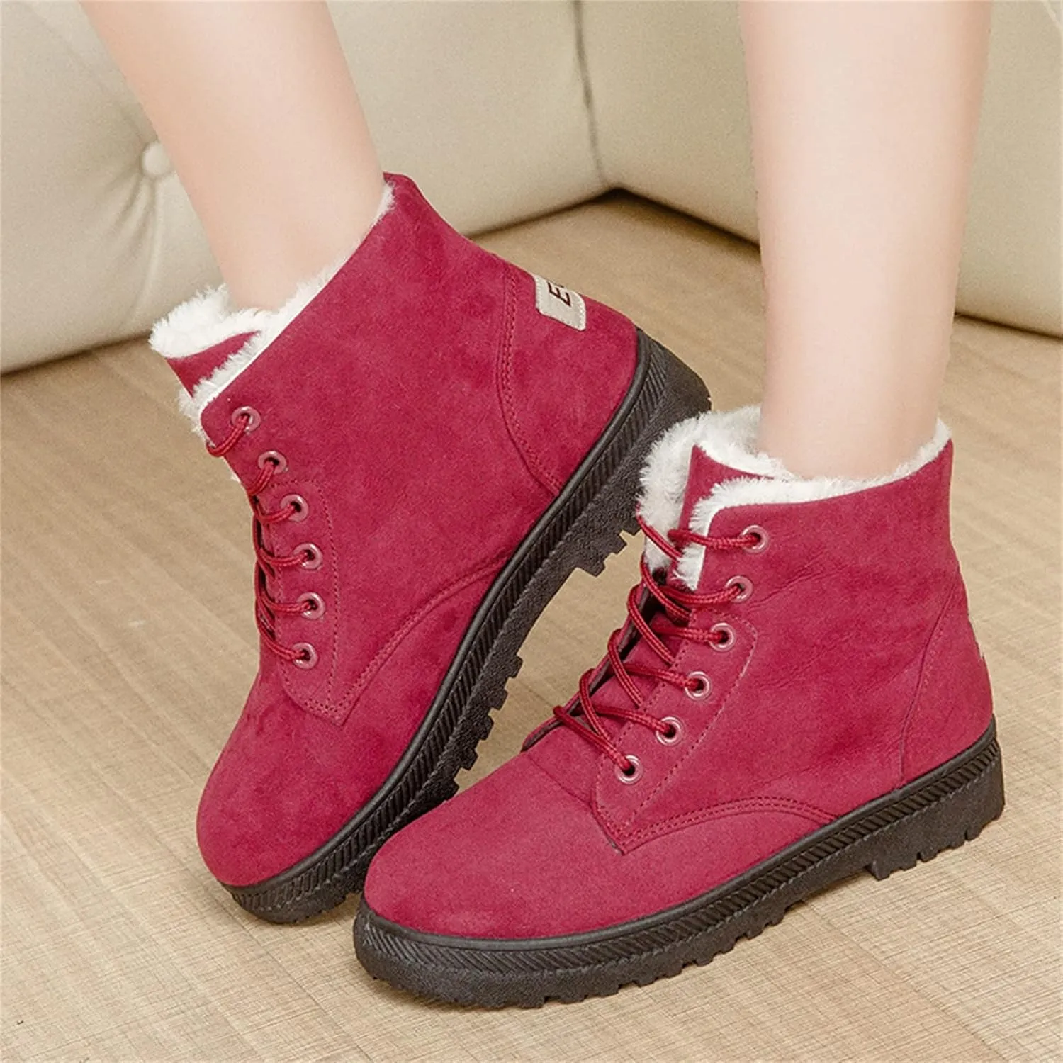 Winter Snow Ankle Boots for Women Warm Fur Lined Lace Up Booties Non-slip Combat Walking Bootie Sherpa Fleece Shoes