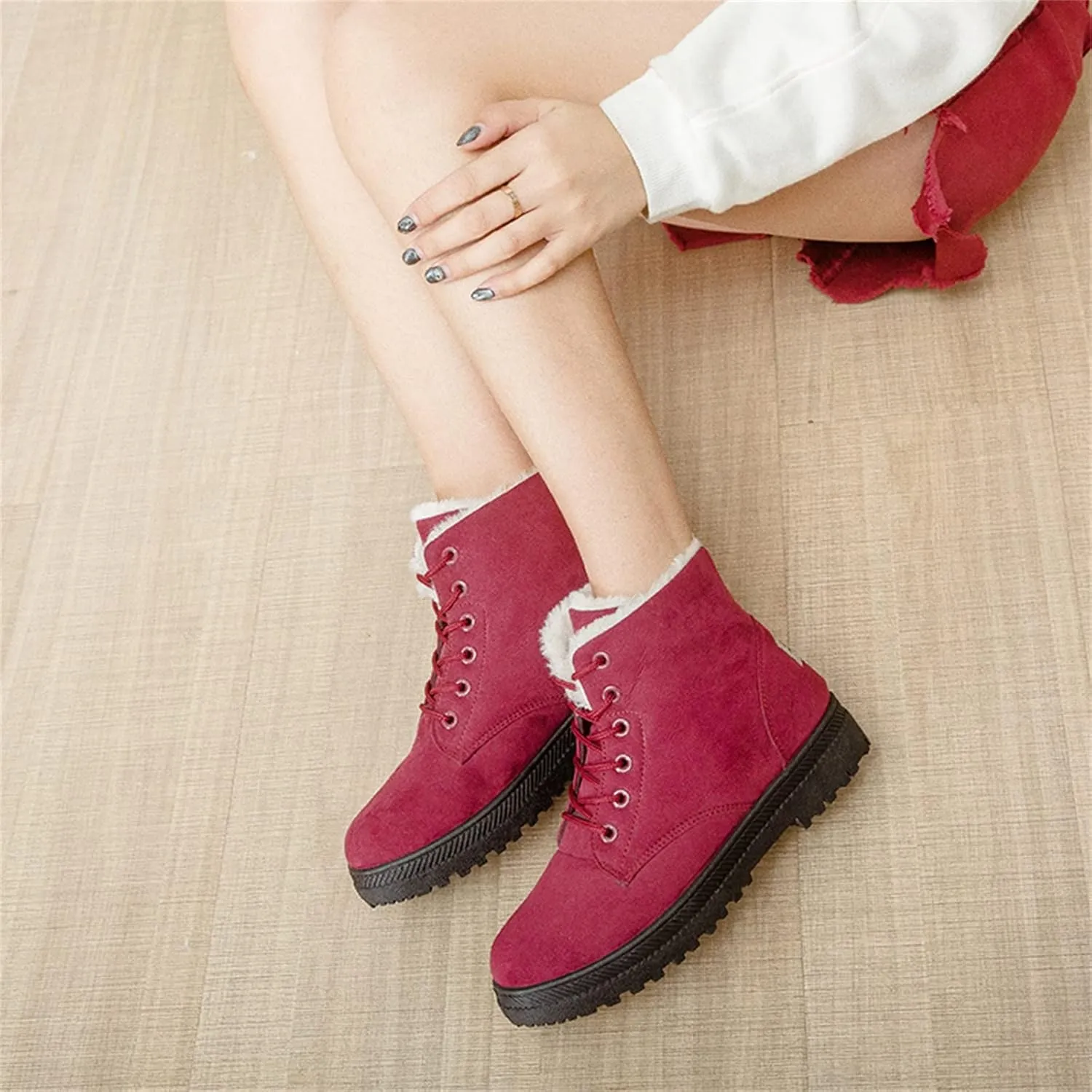 Winter Snow Ankle Boots for Women Warm Fur Lined Lace Up Booties Non-slip Combat Walking Bootie Sherpa Fleece Shoes