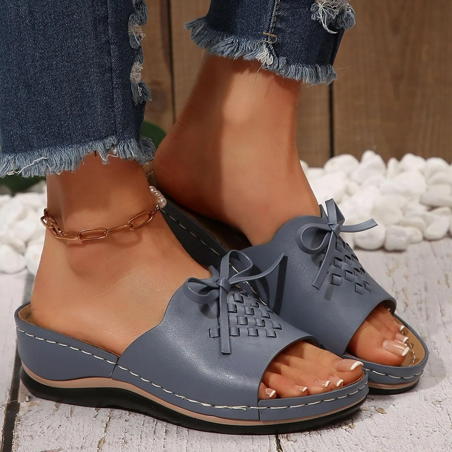 Women Arch Support Slides Comfort Walking Sandal Dressy Casual Bow Orthotic Slip on Sandals Orthopedic Sandales