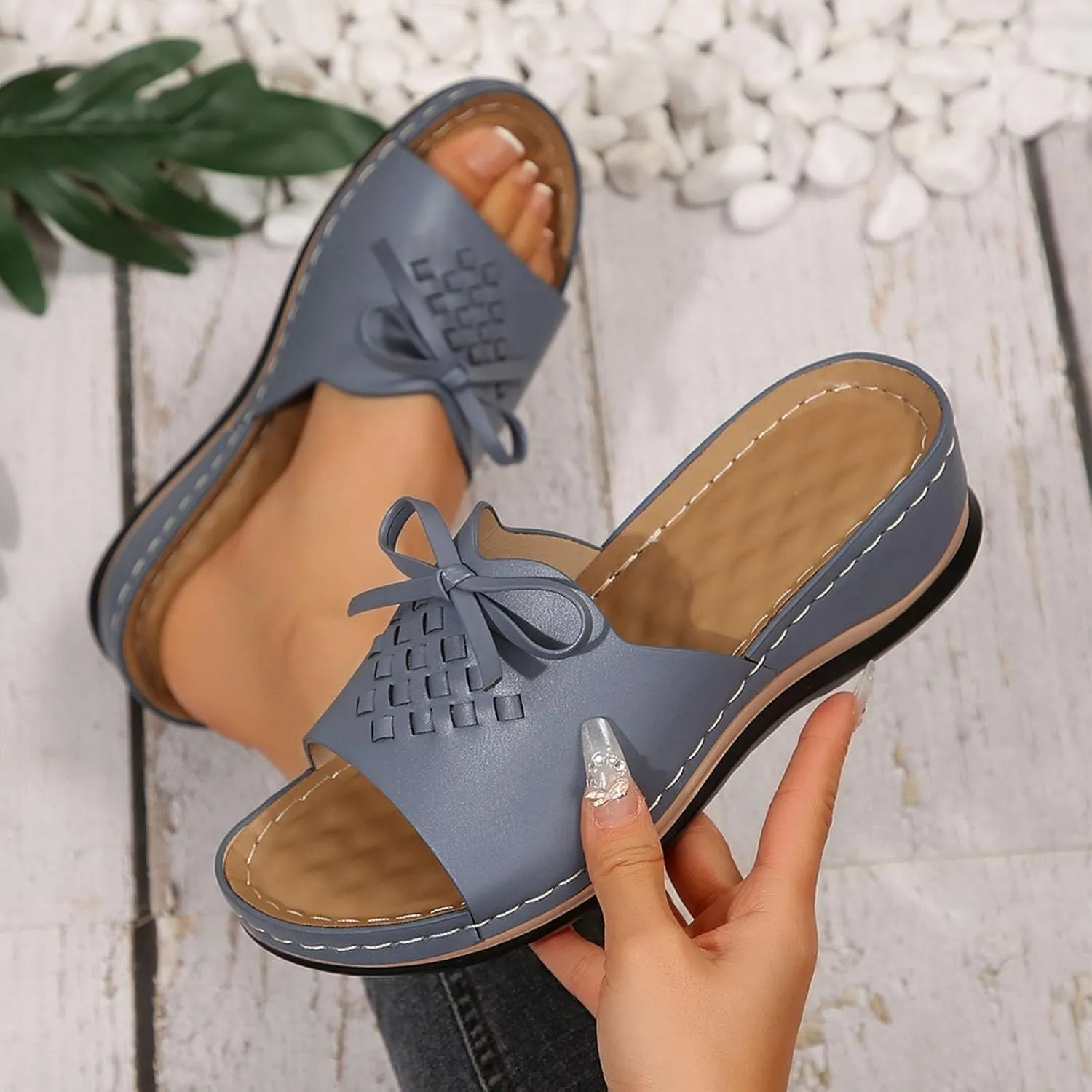Women Arch Support Slides Comfort Walking Sandal Dressy Casual Bow Orthotic Slip on Sandals Orthopedic Sandales