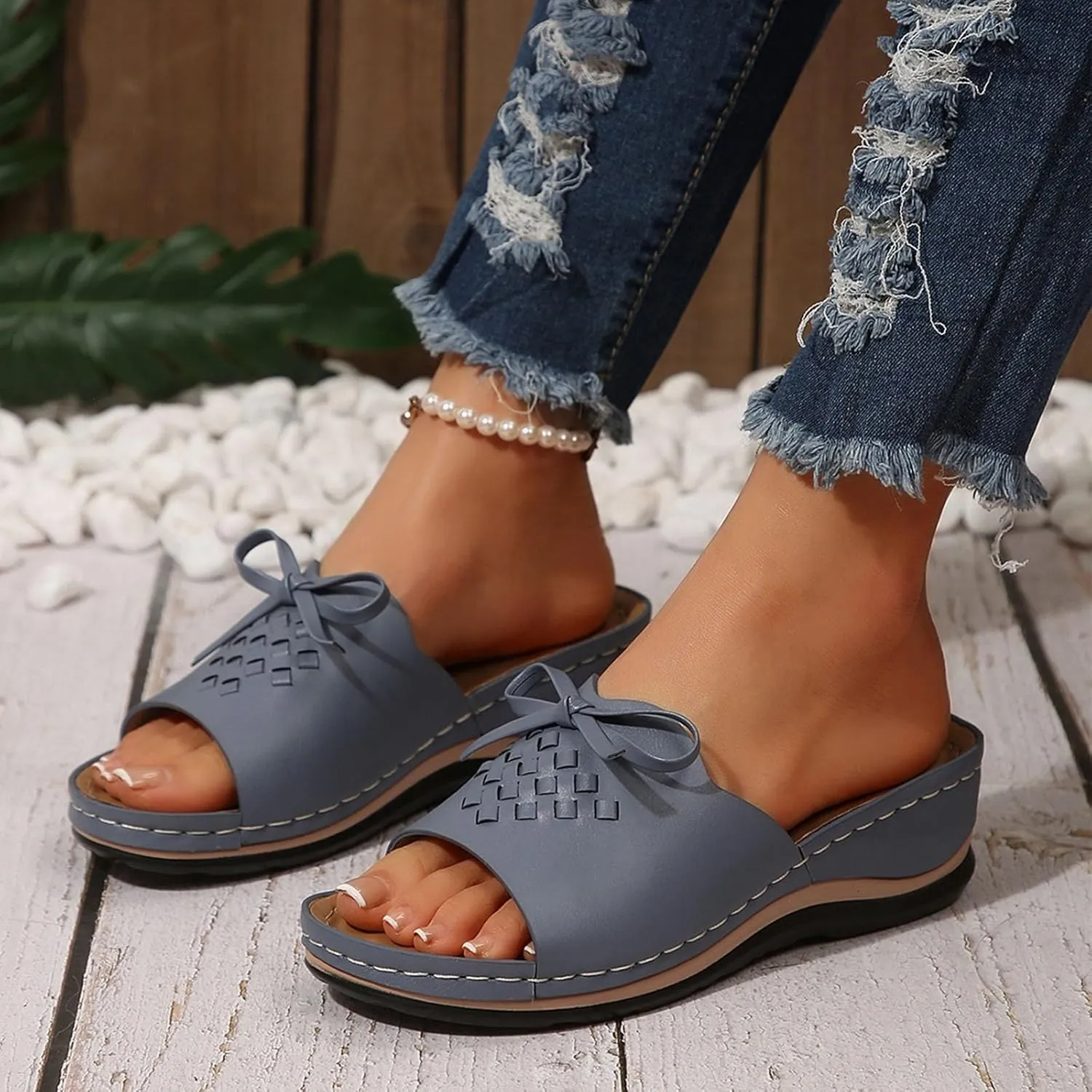 Women Arch Support Slides Comfort Walking Sandal Dressy Casual Bow Orthotic Slip on Sandals Orthopedic Sandales