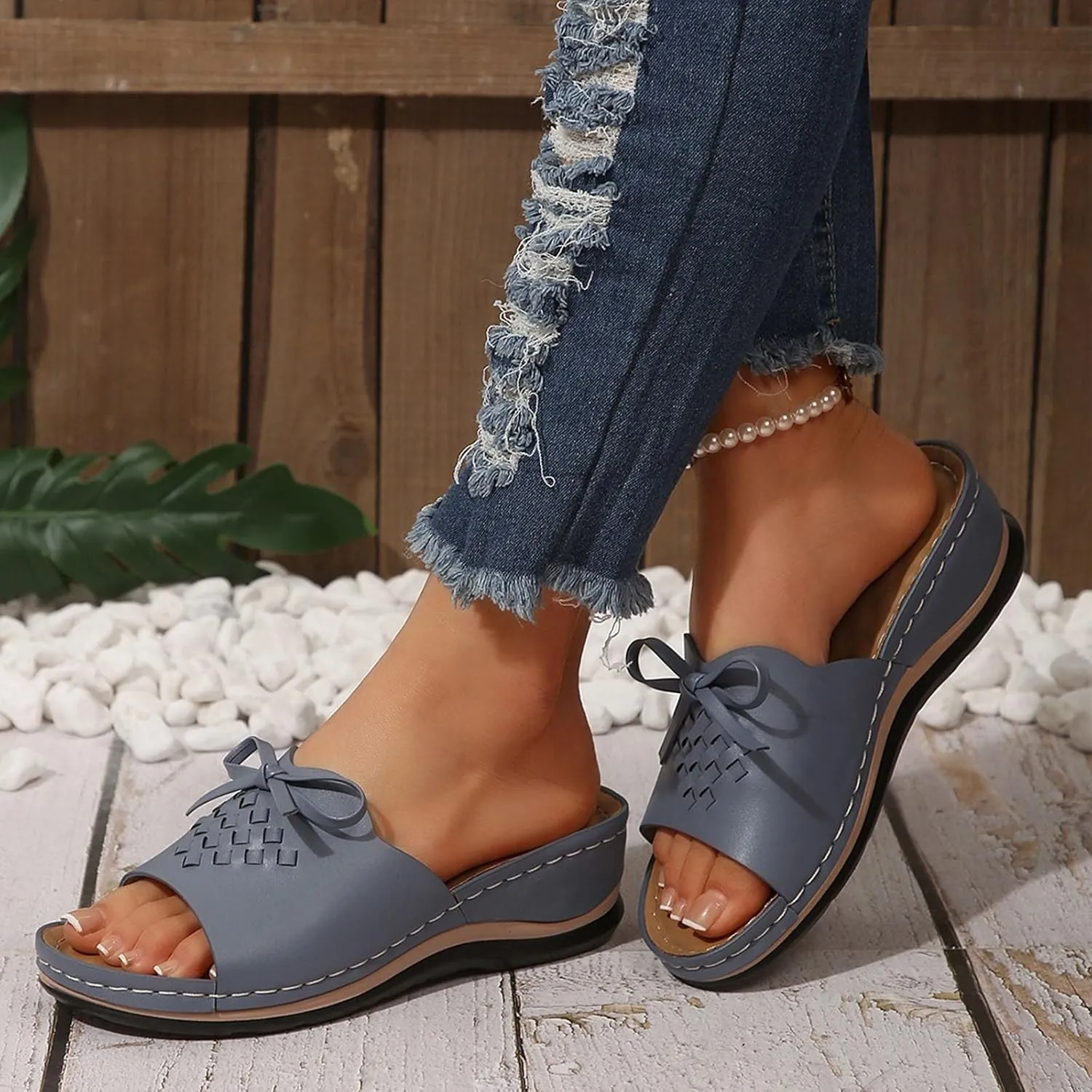 Women Arch Support Slides Comfort Walking Sandal Dressy Casual Bow Orthotic Slip on Sandals Orthopedic Sandales