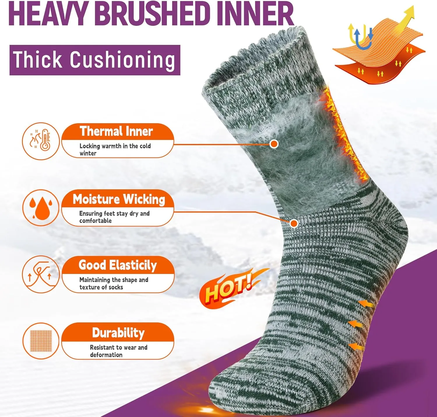 Women Heated Socks Ski Winter Thermal Hiking Snowboarding Thick Boot Insulated Socks 3 Pairs