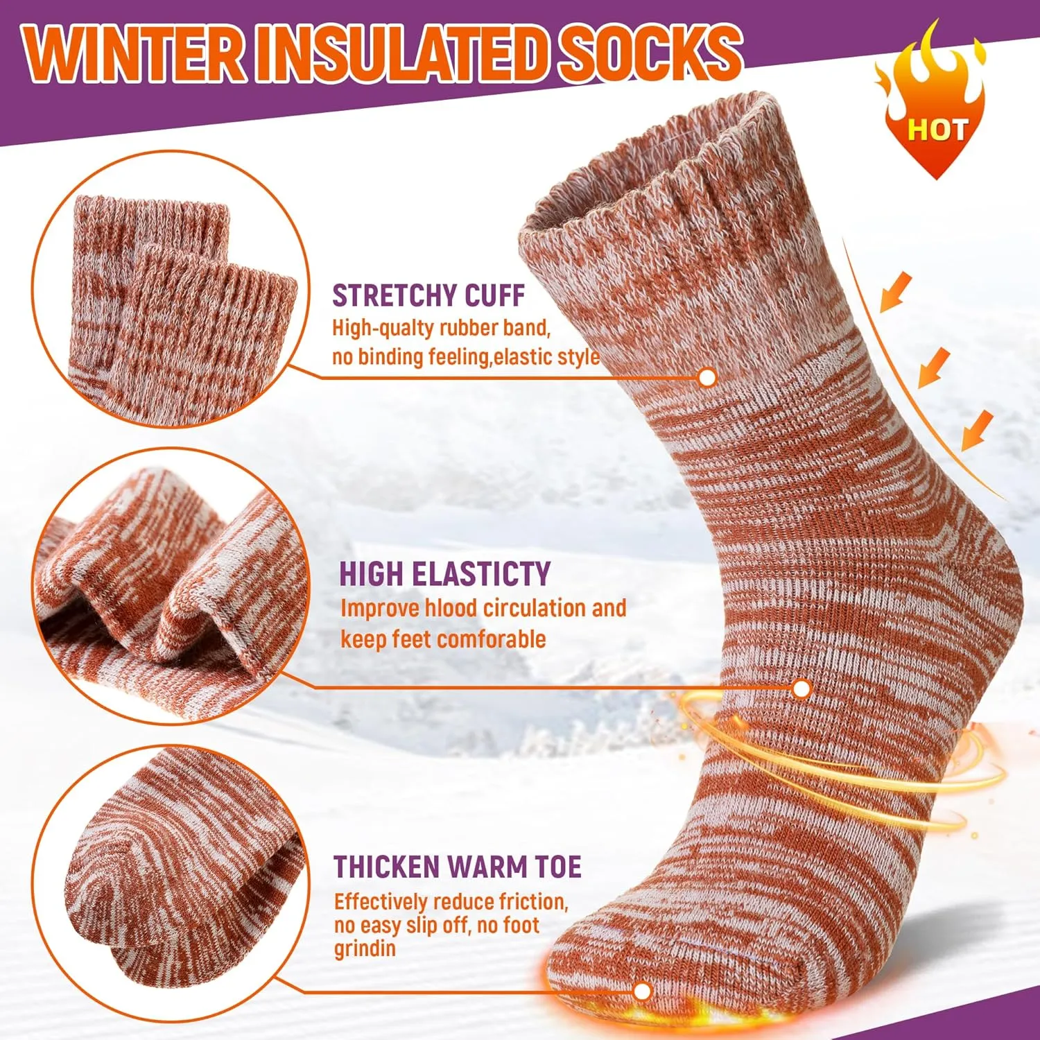 Women Heated Socks Ski Winter Thermal Hiking Snowboarding Thick Boot Insulated Socks 3 Pairs