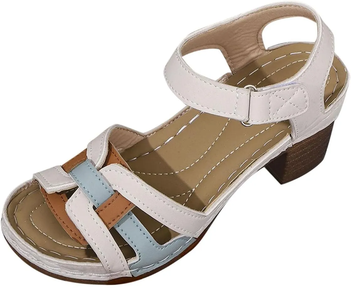 Womens Ankle-Strap Heeled Sandal Classic Low Block Chunky Heels Fashion Buckle Straps Open Toe Sandals Summer Dressy