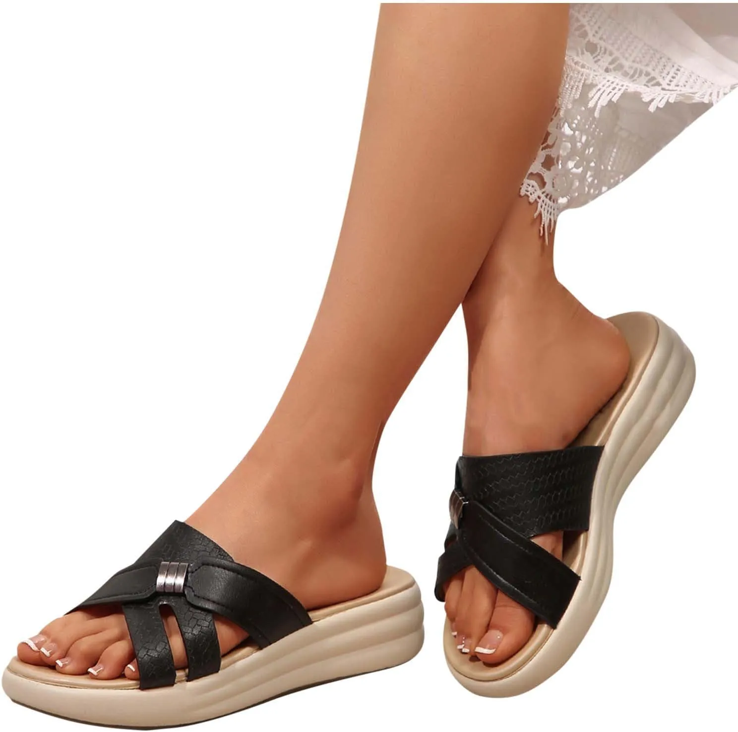 Women's Arch Support Slide Sandals Dressy Summer Wedge Shoes Comfortable Slip On Lightweight Platform Slipper Sandal