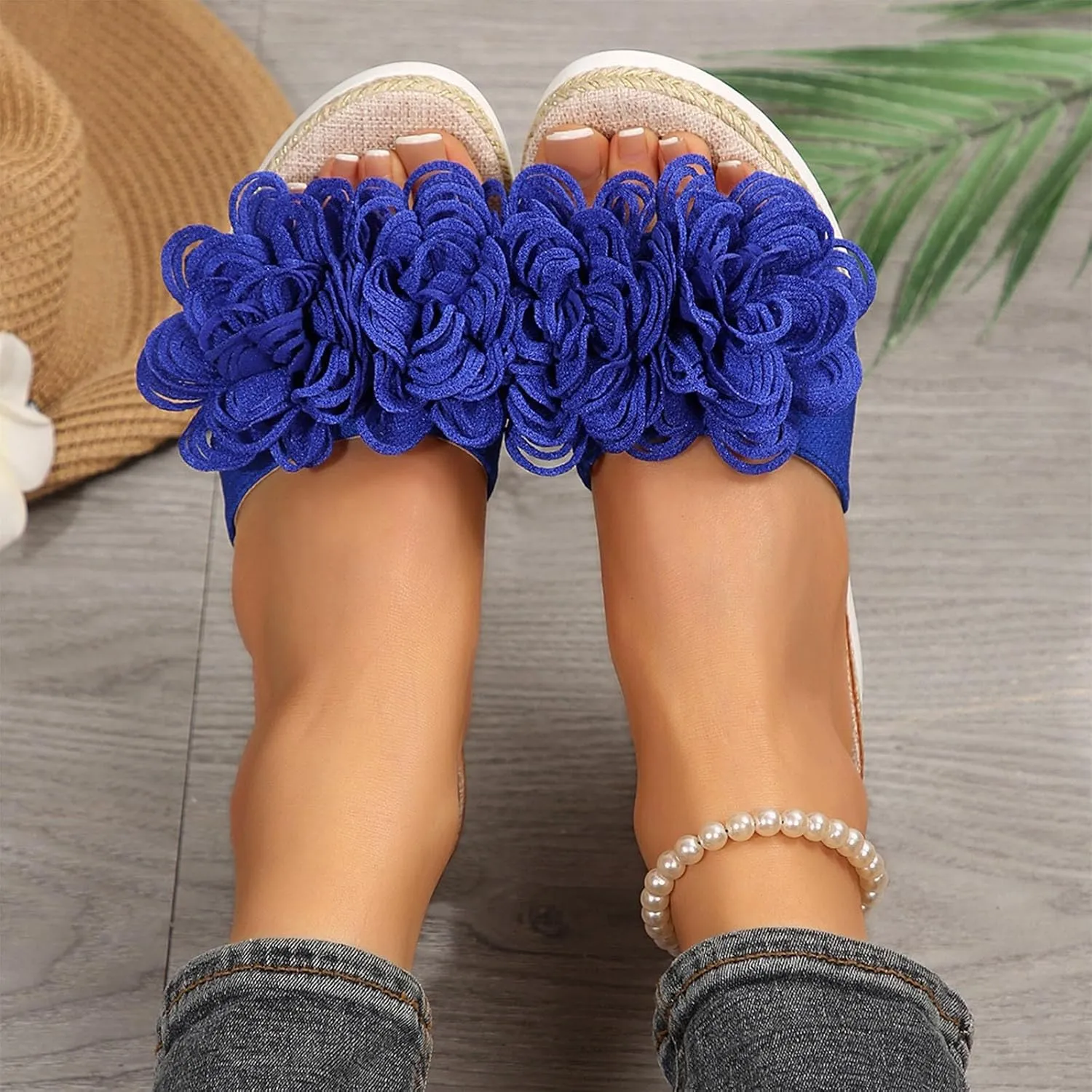 Womens Boho Heels Sandals Open Toe Espadrilles Wedges Cute Flower Slides Shoes Summer Sandals Dressy Shoes