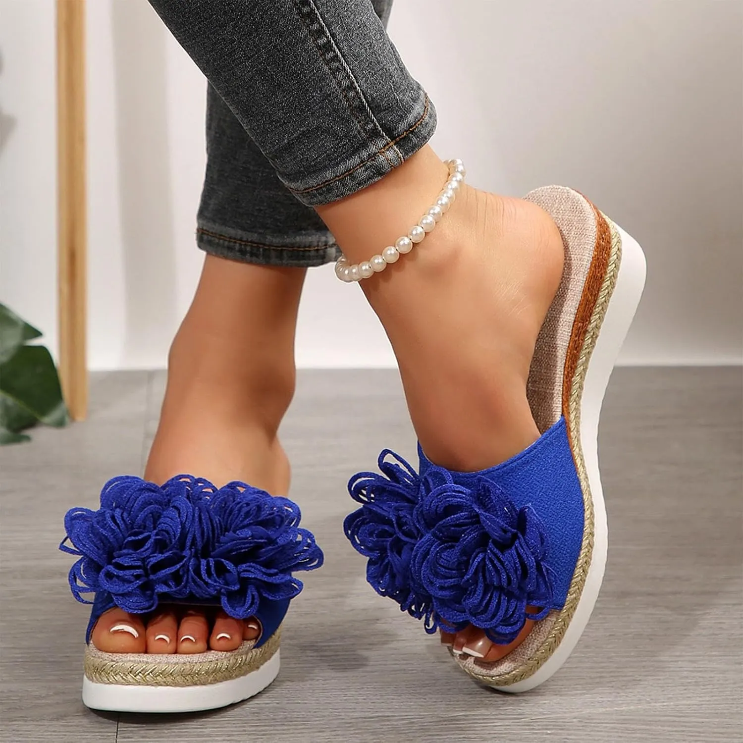 Womens Boho Heels Sandals Open Toe Espadrilles Wedges Cute Flower Slides Shoes Summer Sandals Dressy Shoes