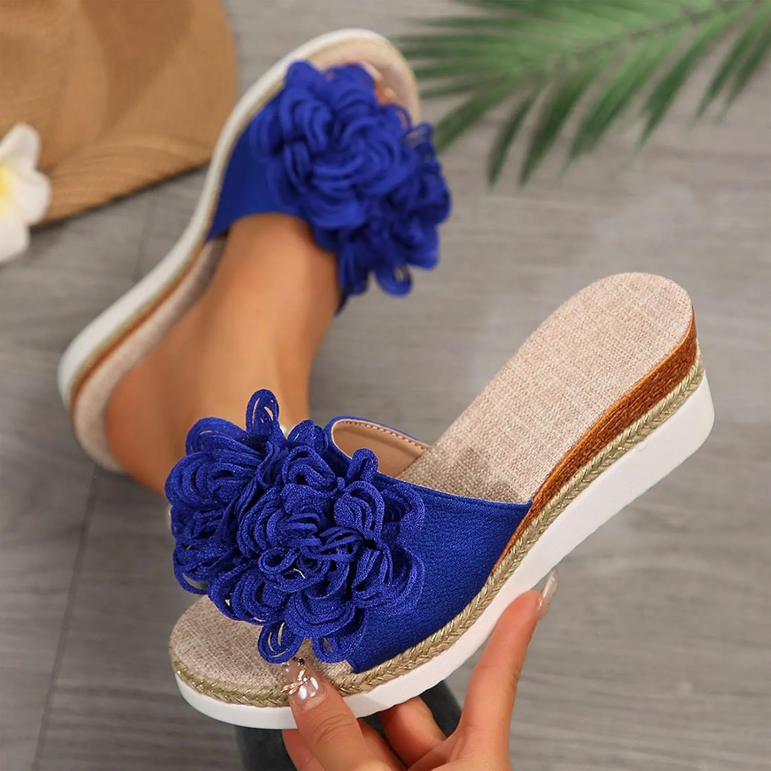 Womens Boho Heels Sandals Open Toe Espadrilles Wedges Cute Flower Slides Shoes Summer Sandals Dressy Shoes