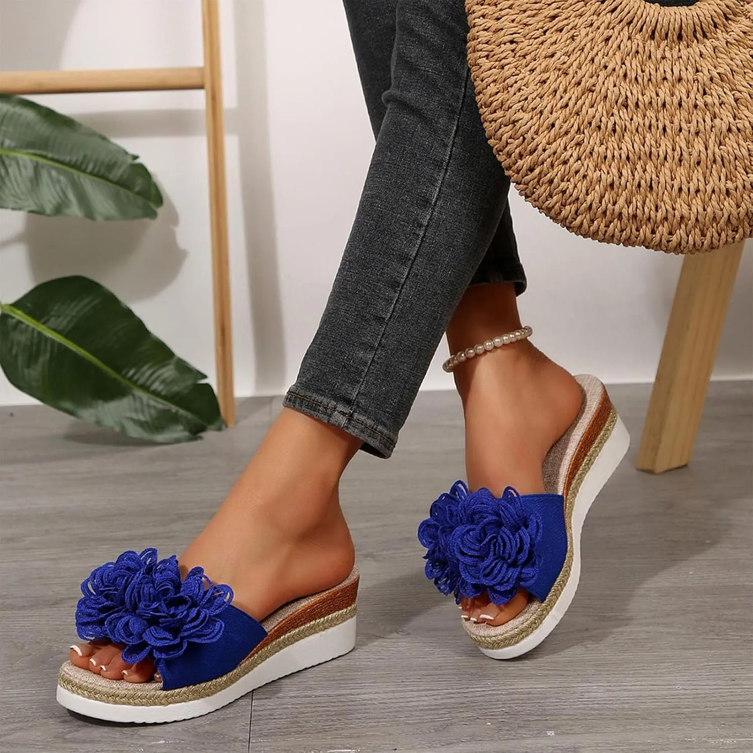 Womens Boho Heels Sandals Open Toe Espadrilles Wedges Cute Flower Slides Shoes Summer Sandals Dressy Shoes