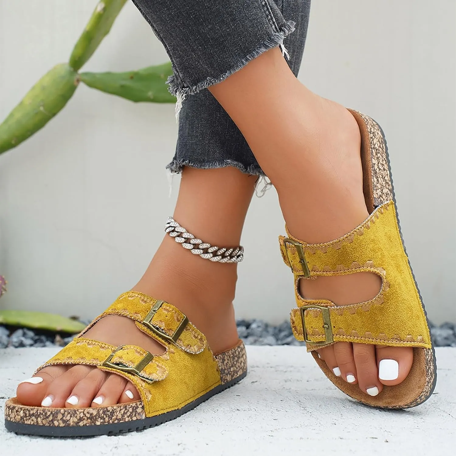 Women's Cork Footbed Slide Sandal Arch Support Summer Outdoor Sandals with Adjustable Buckle Comfortable Slippers