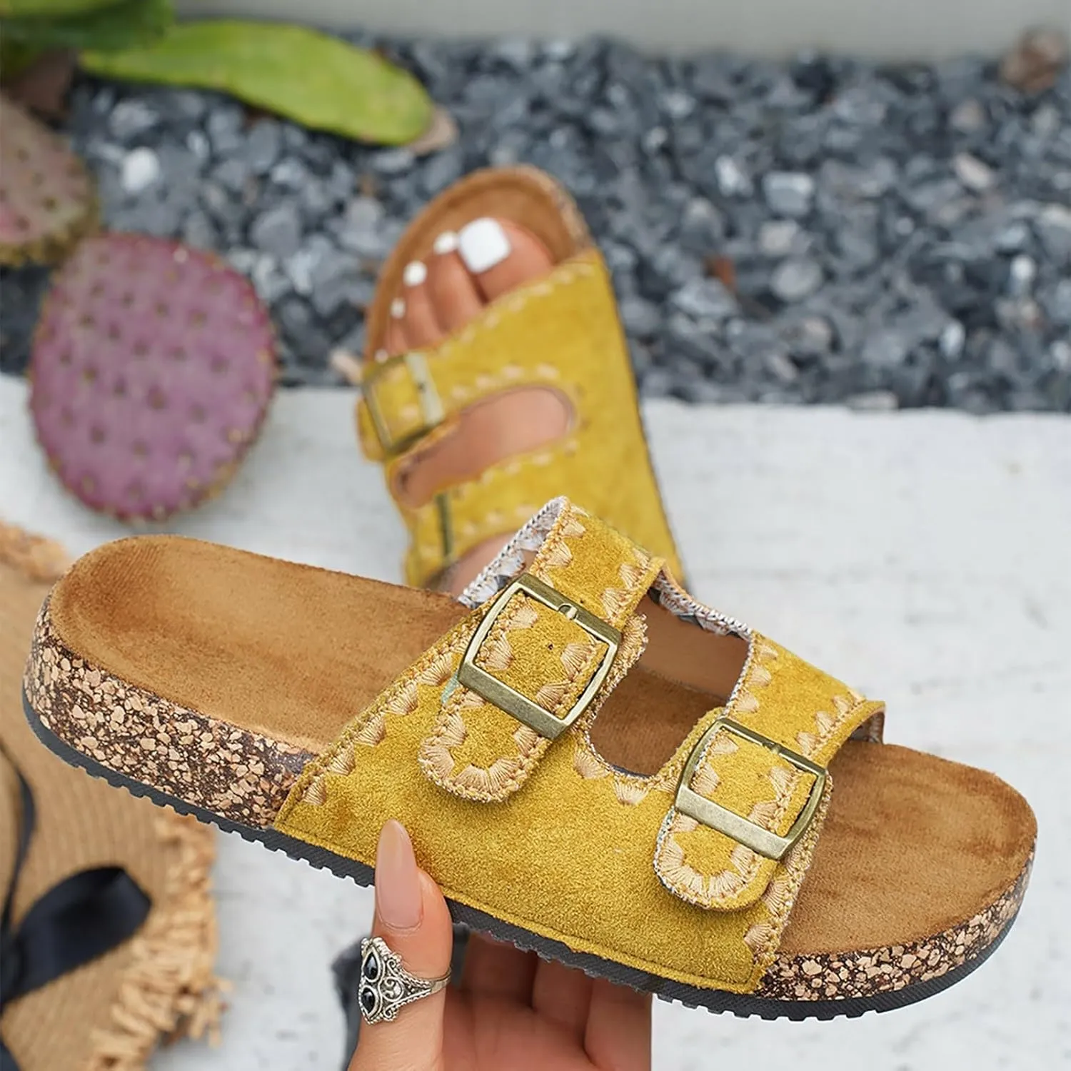 Women's Cork Footbed Slide Sandal Arch Support Summer Outdoor Sandals with Adjustable Buckle Comfortable Slippers