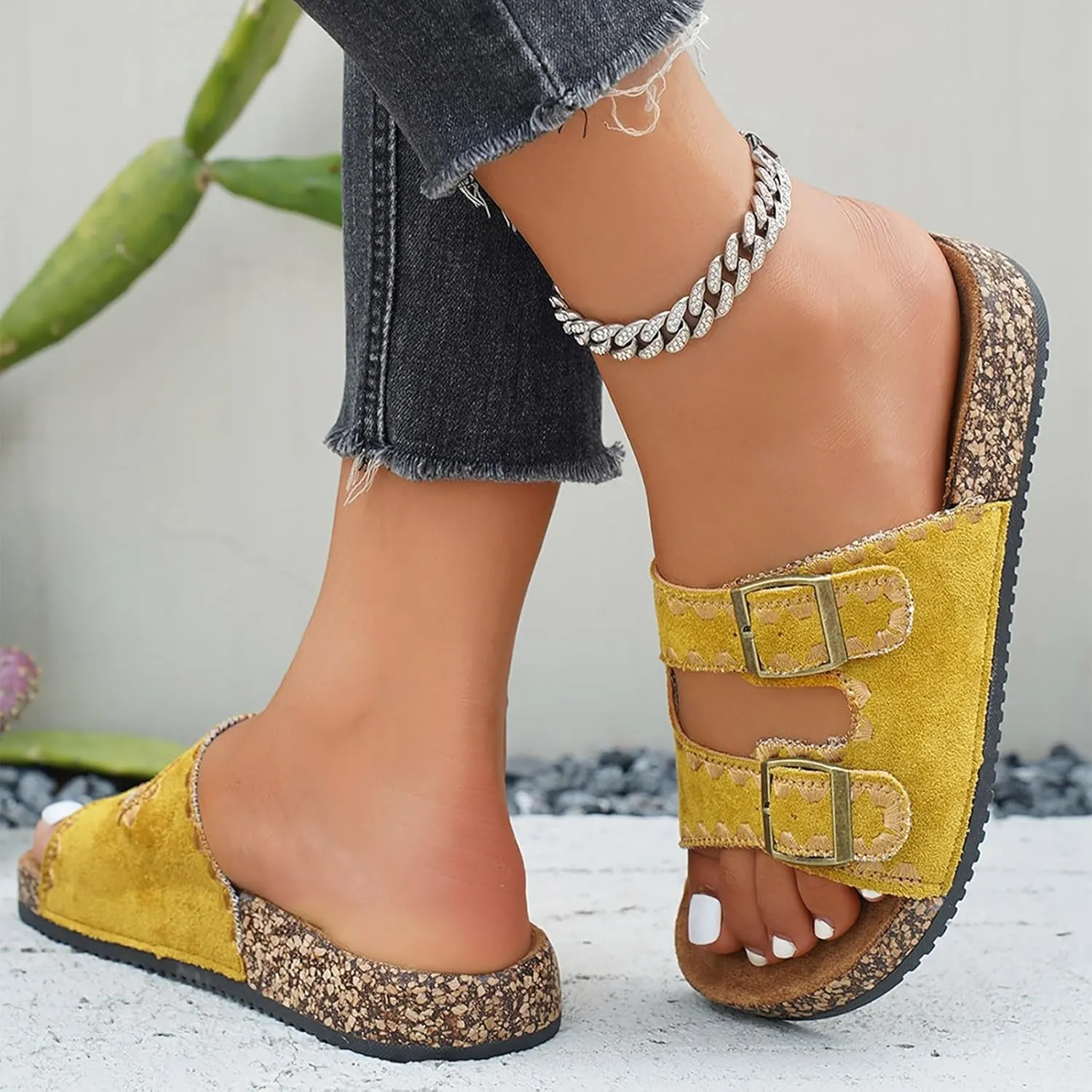 Women's Cork Footbed Slide Sandal Arch Support Summer Outdoor Sandals with Adjustable Buckle Comfortable Slippers