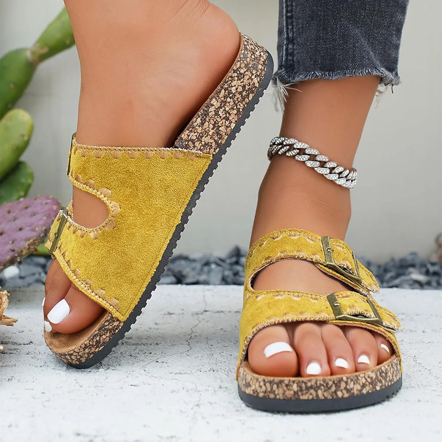 Women's Cork Footbed Slide Sandal Arch Support Summer Outdoor Sandals with Adjustable Buckle Comfortable Slippers