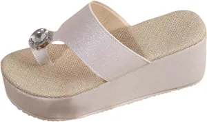Womens Glitter Slip On Sandals with Crystal Ring Toe Thong Flip Flops Comfort Open Toe High Flatform Slides