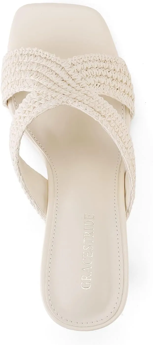 Womens Heeled Sandals Slip On Chunky Square Toe Mule Sandals Open Toe Slide Casual Summer Dressy Sandals