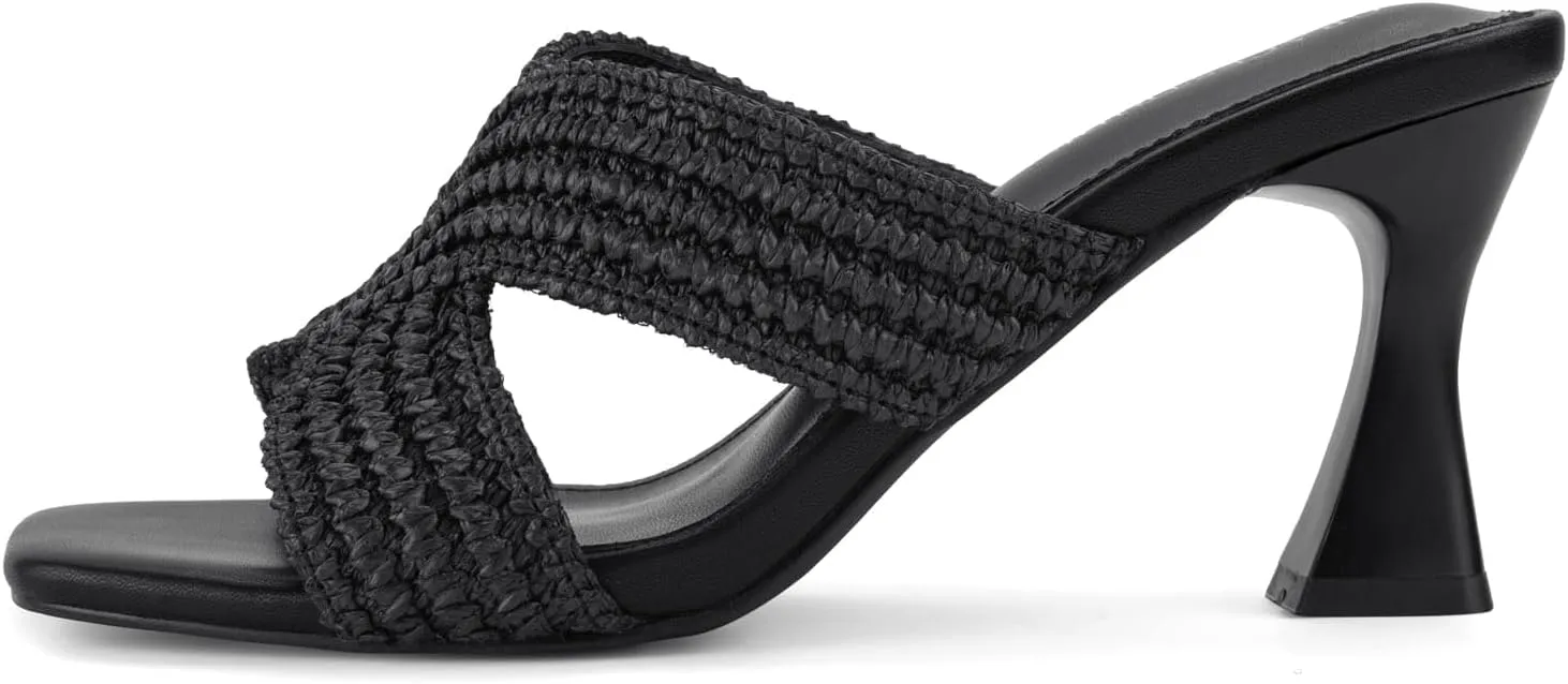 Womens Heeled Sandals Slip On Chunky Square Toe Mule Sandals Open Toe Slide Casual Summer Dressy Sandals