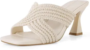 Womens Heeled Sandals Slip On Chunky Square Toe Mule Sandals Open Toe Slide Casual Summer Dressy Sandals