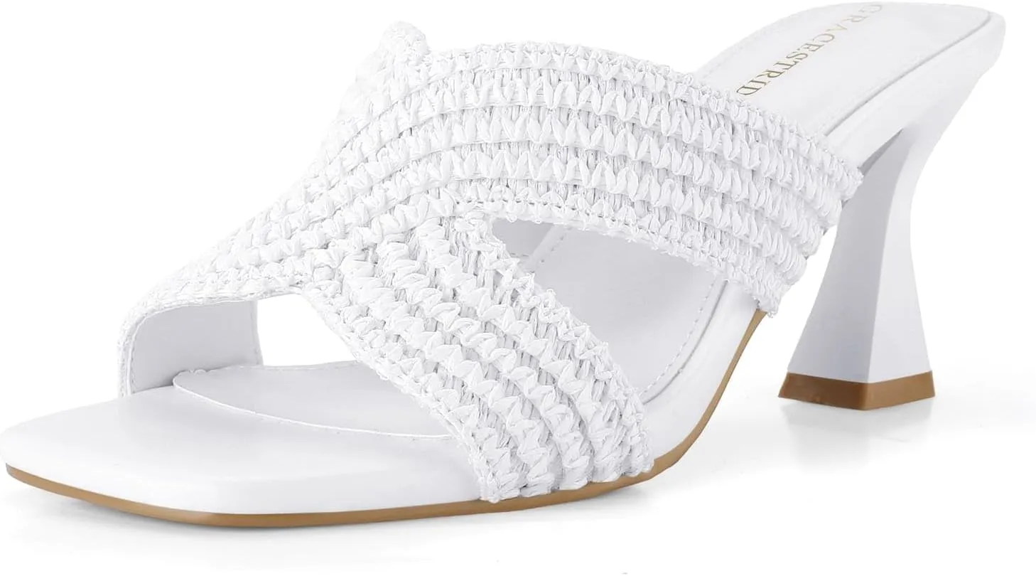 Womens Heeled Sandals Slip On Chunky Square Toe Mule Sandals Open Toe Slide Casual Summer Dressy Sandals